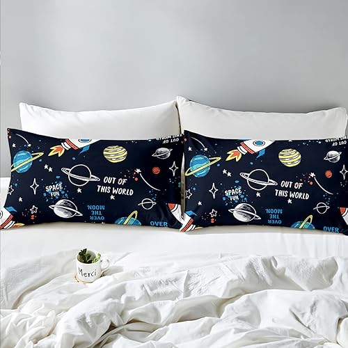 Miniatura 3 de Outer Space Planet Stars - Juego de funda de edredón tamaño Queen, galaxia celestial, naves espaciales, cohete, juego de ropa de cama para niños, 3