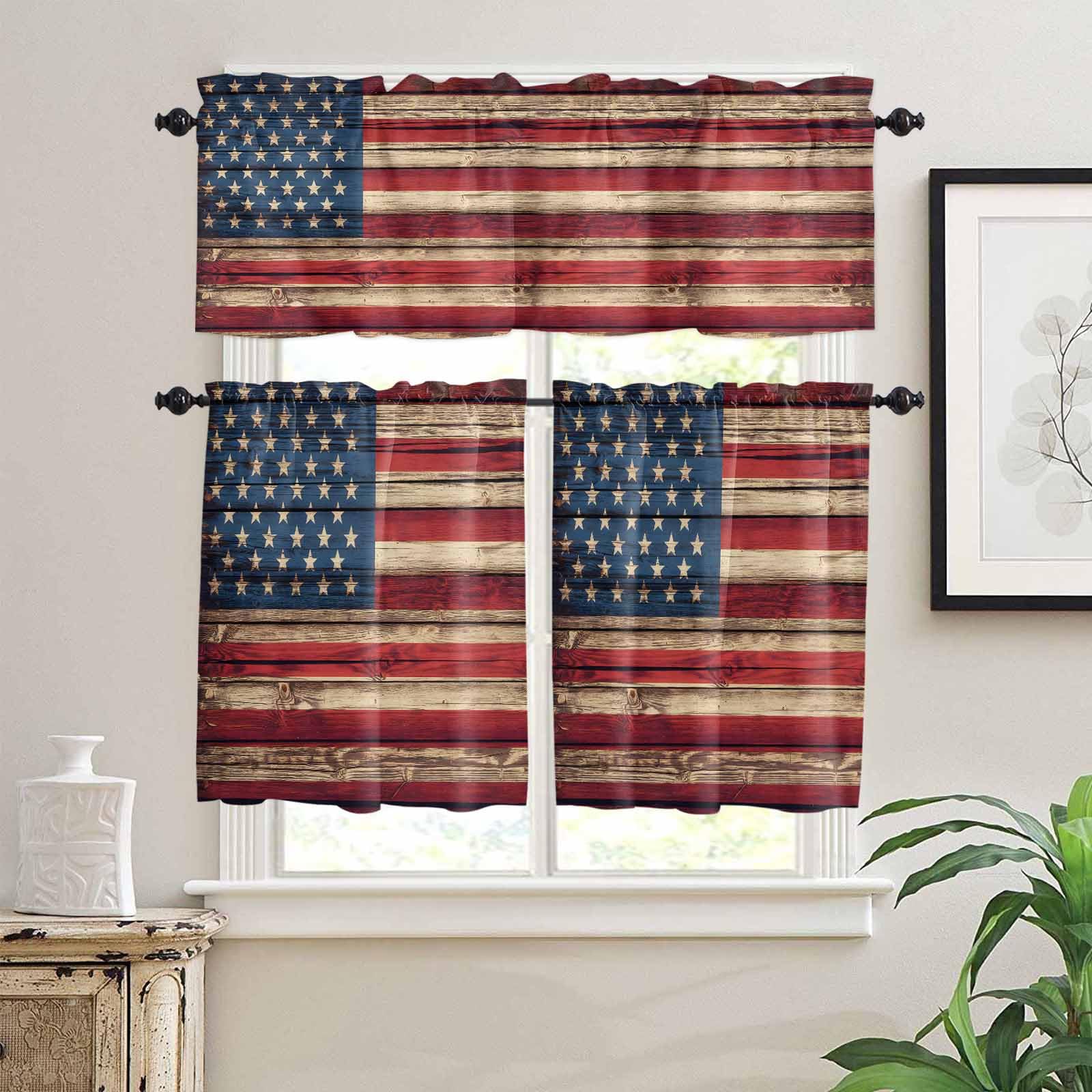 Vintage American Flag Kitchen Curtains 24 Inch Length, 3 Piece Rod Pocket Small Half Tiers and Valance Set, Retro Red Blue Flag Small Large Window Treatment Decor for Bedroom/Bathroom Sink