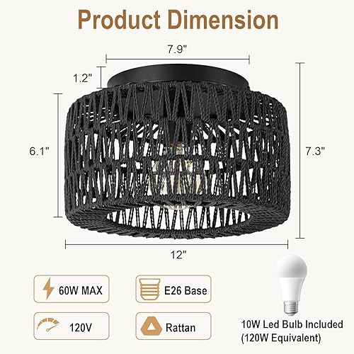 Miniatura 8 de Lámpara de techo de ratán (12 pulgadas, bombilla LED incluida), lámpara de techo bohemia tejida a mano para pasillo, cocina, granja, vestíbulo,