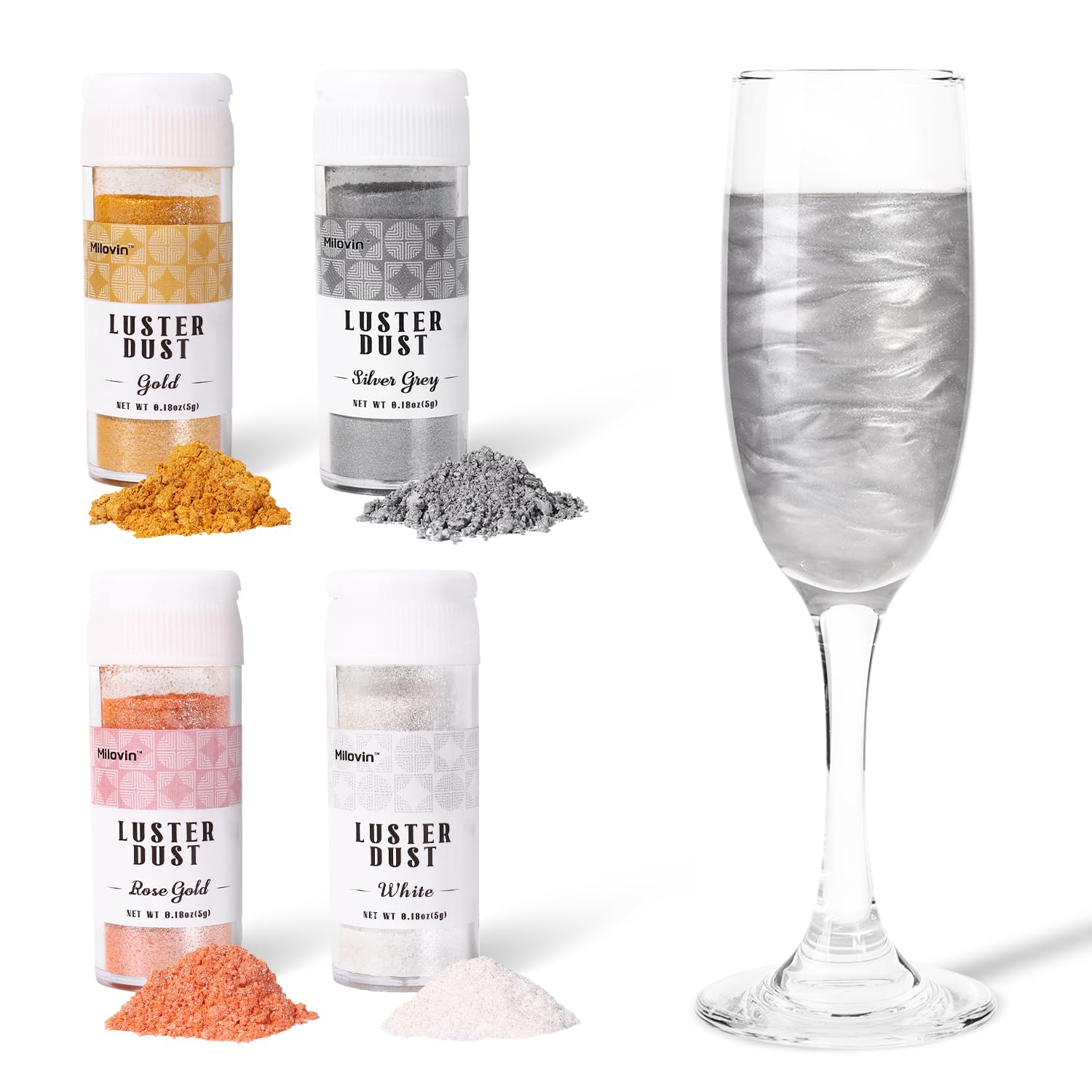Edible Glitter for Cocktails, Luster Dust Edible, 4 Colors 5g/bottle Edible Glitter for Baking, Drinks, Cake Decorating, Cupcakes, Chocolate, Strawberries, and Waffles(Gold, Rose Gold, White, Silver)
