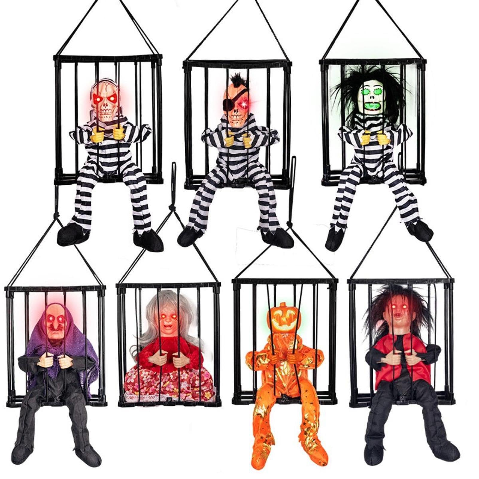 Halloween Hängehorrorfigur Skelett Gefangener Käfig mit Sprechender Dekoration Leuchtende Augen Schreifunktion Pp Material für Hausparty Gartendekorat, Rot-Weiss