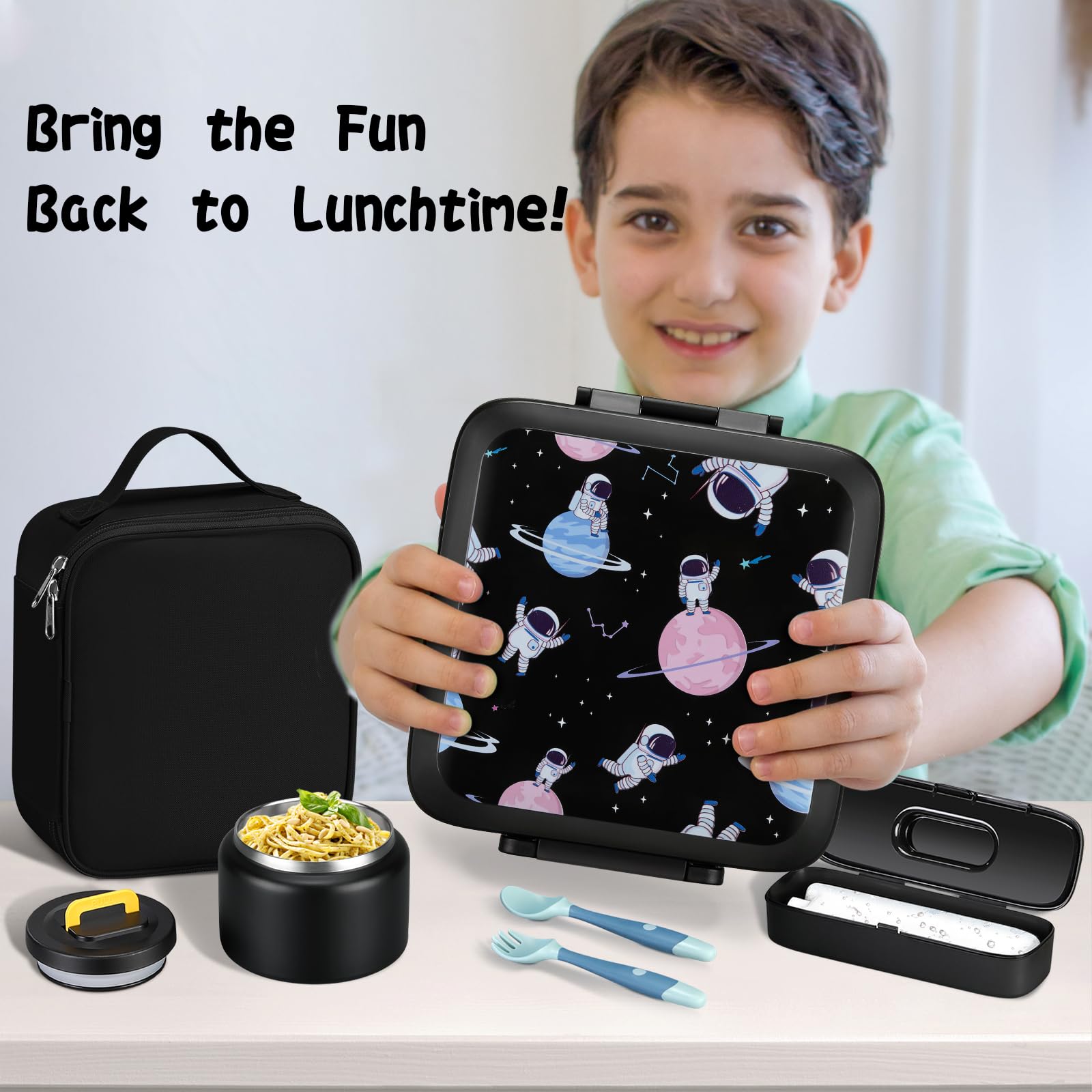 JXXM Lonchera Bento para niños con sopa térmica de 8 onzas, recipientes de almuerzo a prueba de fugas con 5 compartimentos, tarro térmico de alimentos y bolsa de almuerzo, contenedores de alimentos