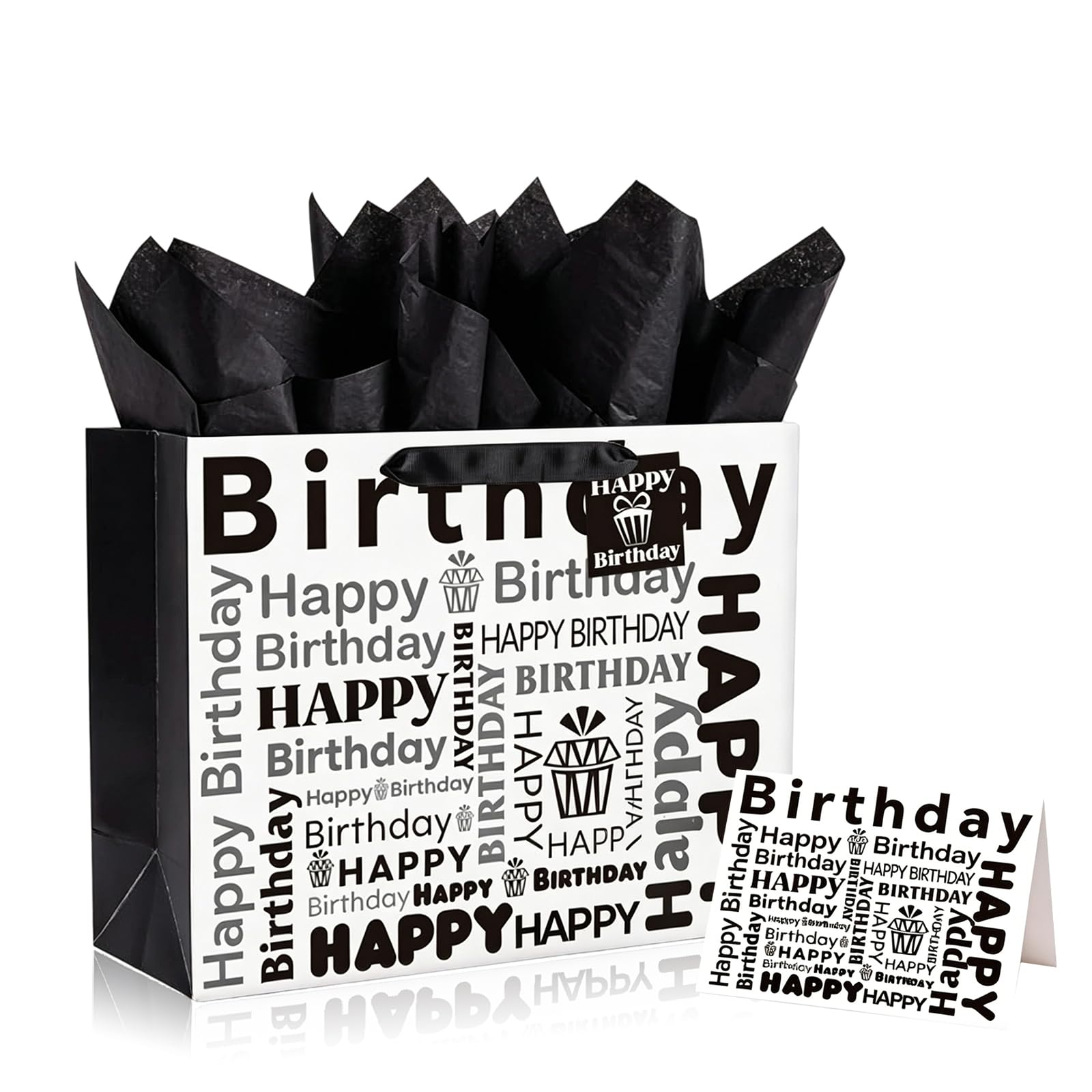Large Birthday Gift Bag for Kids Adults Presents,Black White Gift Wrap Wrapping Bag,33*26*12cm Happy Birthday Party Present Bags with Handles and 3 Wrappers 1 Card,Luxury Paper Gift Toto Bags for Him