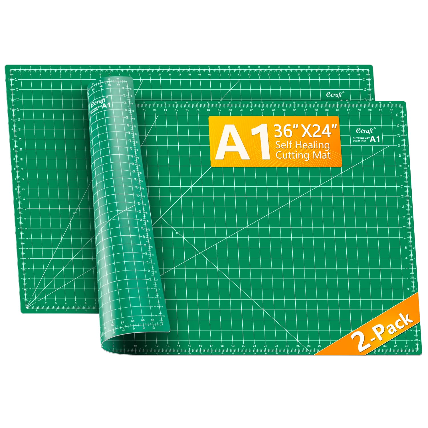 Ecraft Selbstheilende Nähmatte, 61 x 91,4 cm, 2 Stück, groß, doppelseitig, grün, 5-lagig, Hobbymatte, A1, rotierende Schneidematte zum Nähen, Quilten und Stoffhandwerk