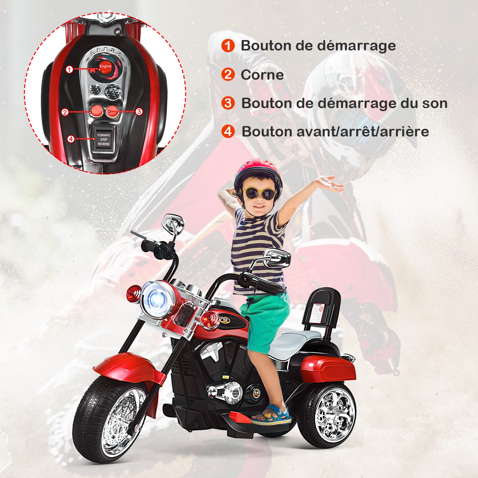 DREAMADE Moto Électrique pour Enfants 3+ Ans Charge Max. 30KG 6V 3km/h avec 3 Roues, Phare et Klaxon, Véhicule Tricycle Rechargeable (Rouge)