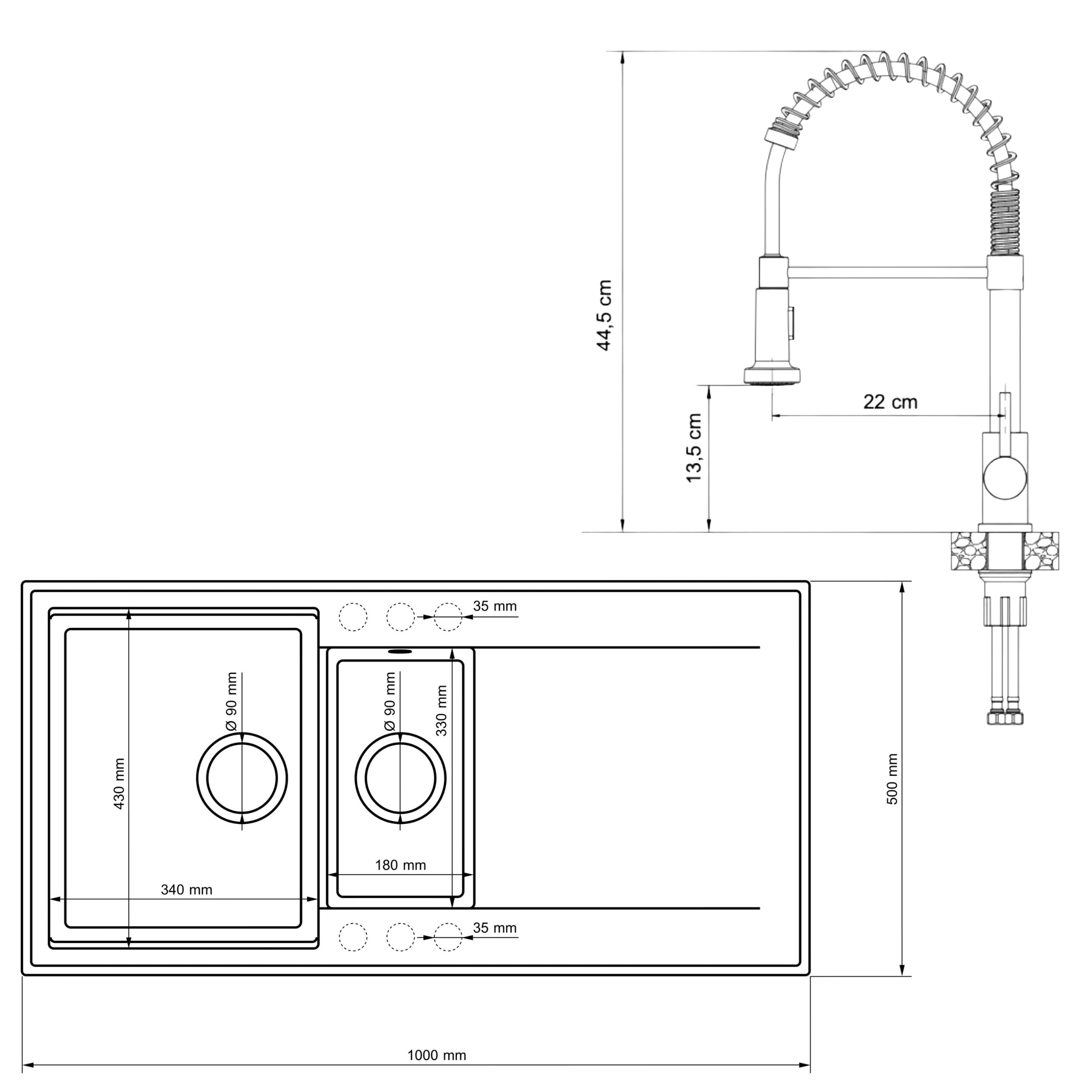 SINK QUALITY Évier de cuisine, en granit, noir, avec robinet, siphon et agent d'imprégnation, 100 x 50 cm, évier de cuisine à partir de 60 cm