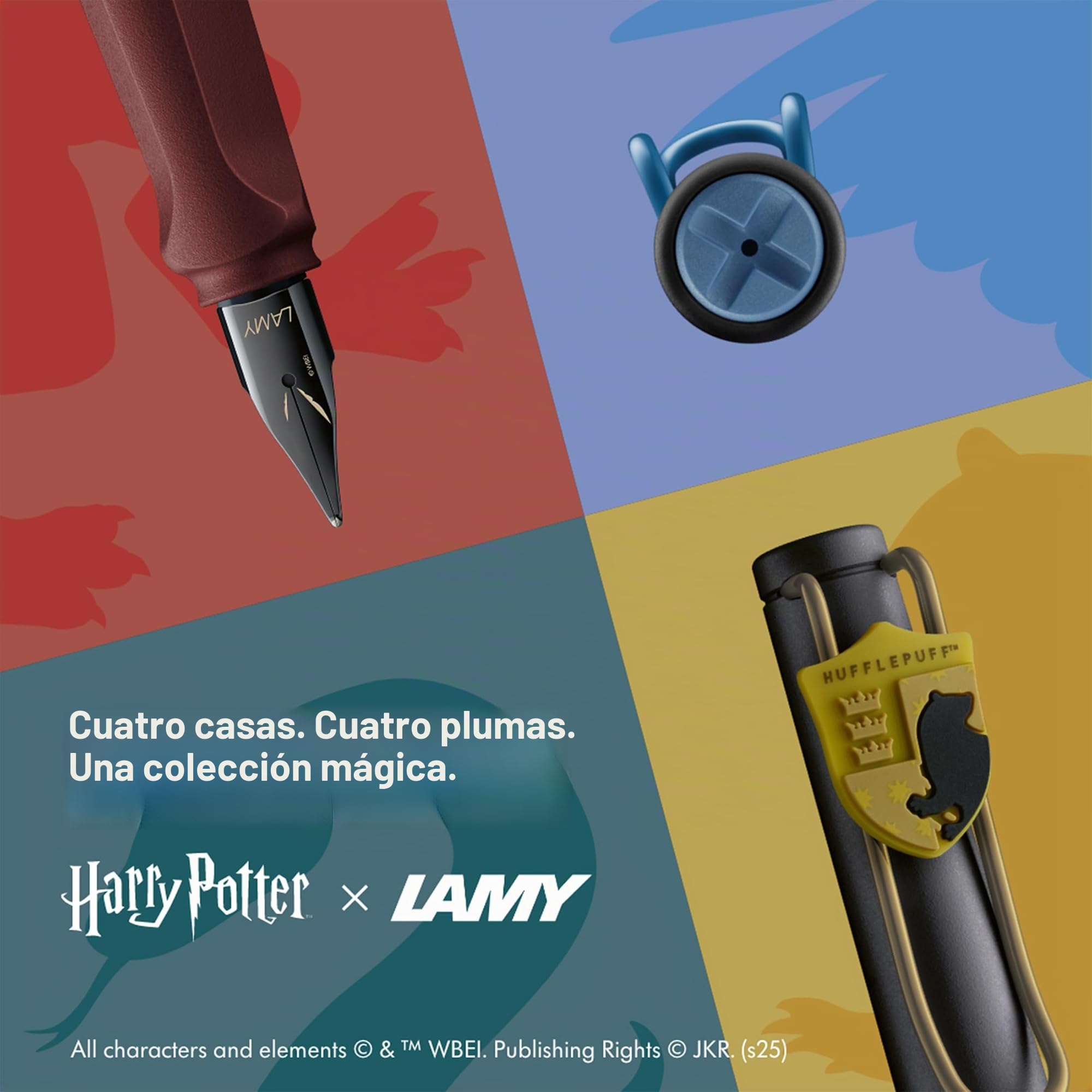 Lamy safari Harry Potter Set de 4 plumas – Edición especial con escudos de las casas – Plumines de acero (M) – Agarre ergonómico – Incluye cartuchos de tinta T10 azul – Para diestros