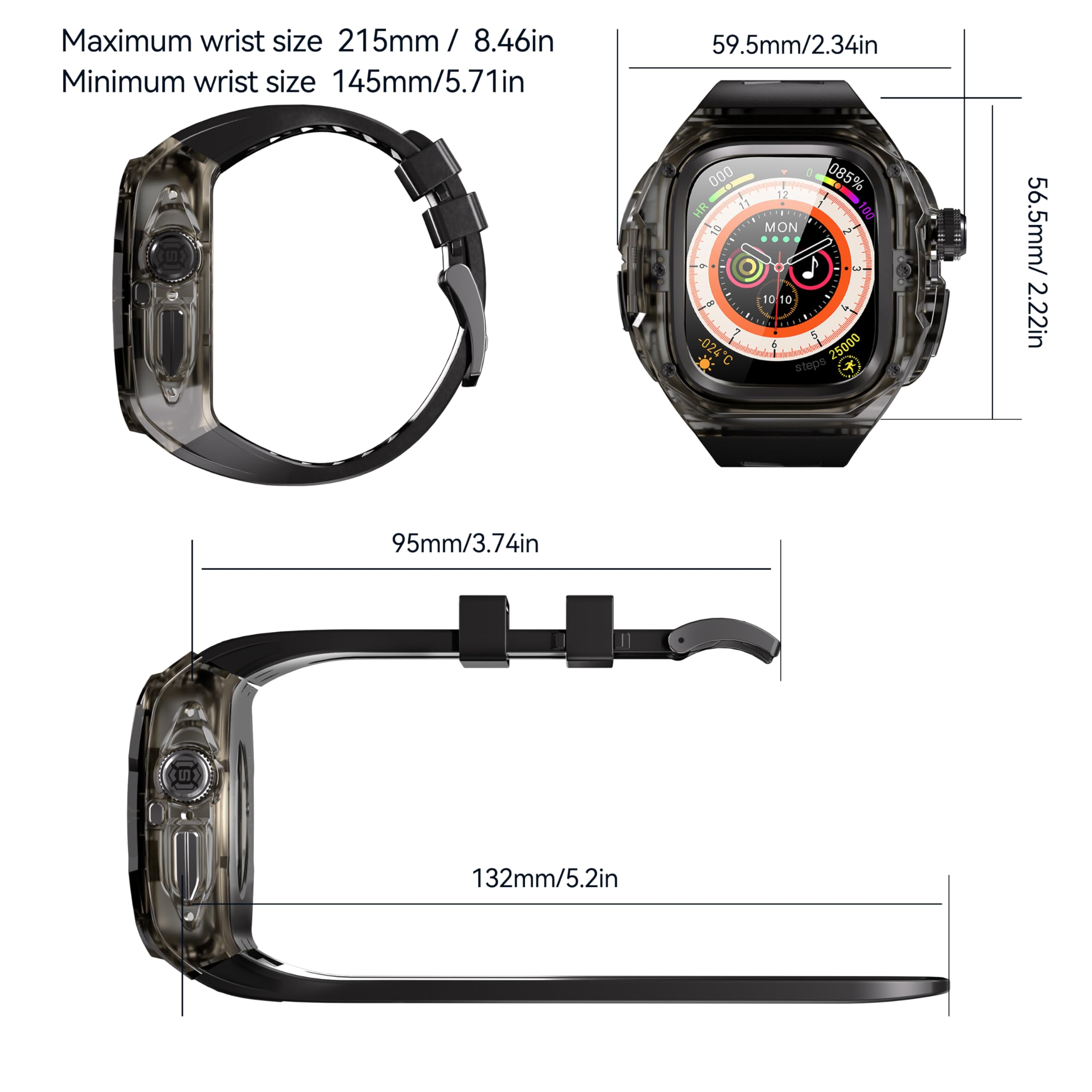 Przezroczyste, designerskie wytrzymałe etui z paskiem kompatybilne z Apple Watch Ultra 3/Ultra2 49 mm, krystalicznie czysta wojskowa osłona ochronna, zderzak taktyczny pasek iWatch Ultra
