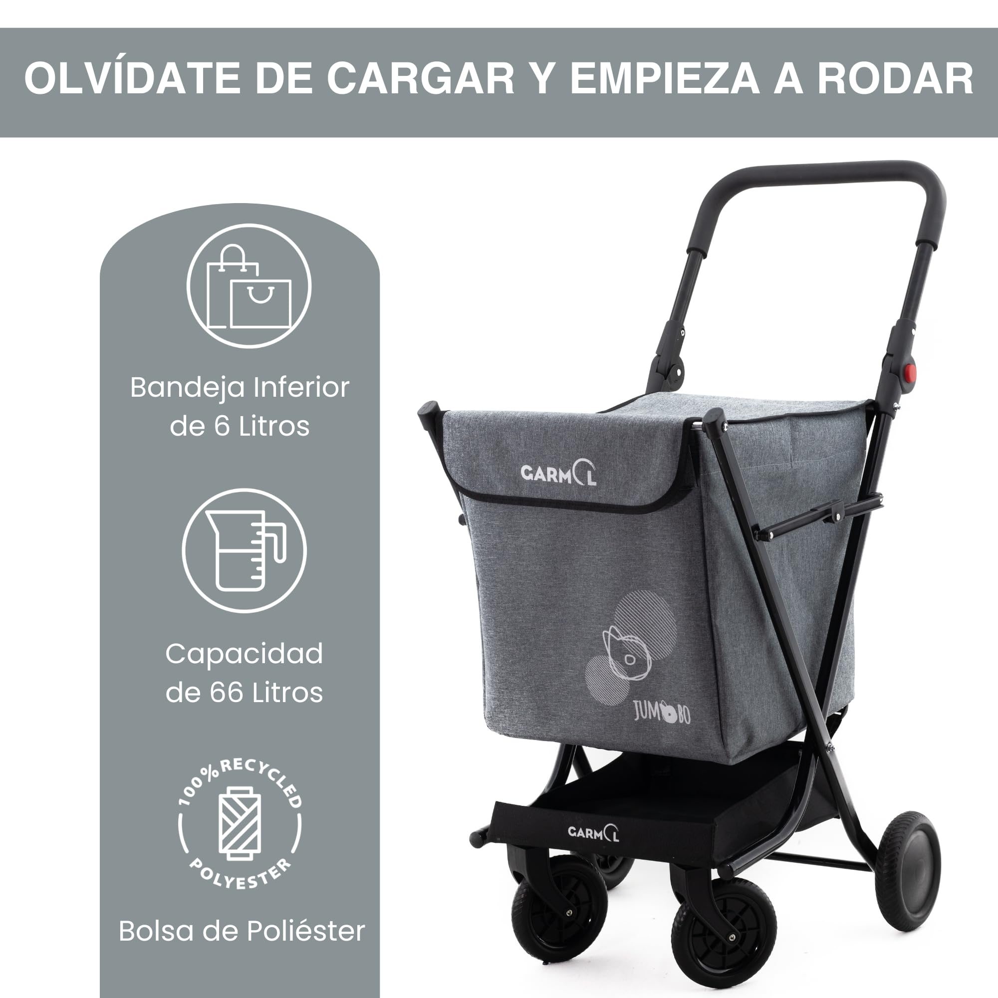 GARMOL Carro de la Compra Plegable 66 litros | Carro de la Compra 4 Ruedas Gran Capacidad | Carrito Compra 4 Ruedas Plegable Color Gris