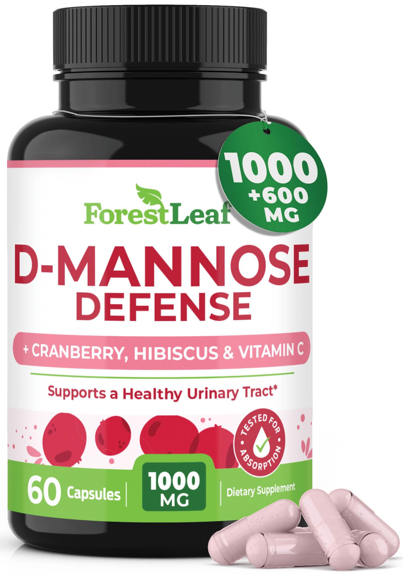 ForestLeaf D Mannose 1000mg Capsules - D-Mannose with Cranberry, Hibiscus & VIT C, Urinary Tract Health for Women and Men, Organic DMannose Pills for UTI, Urinary Health & Bladder Support 60 Capsules