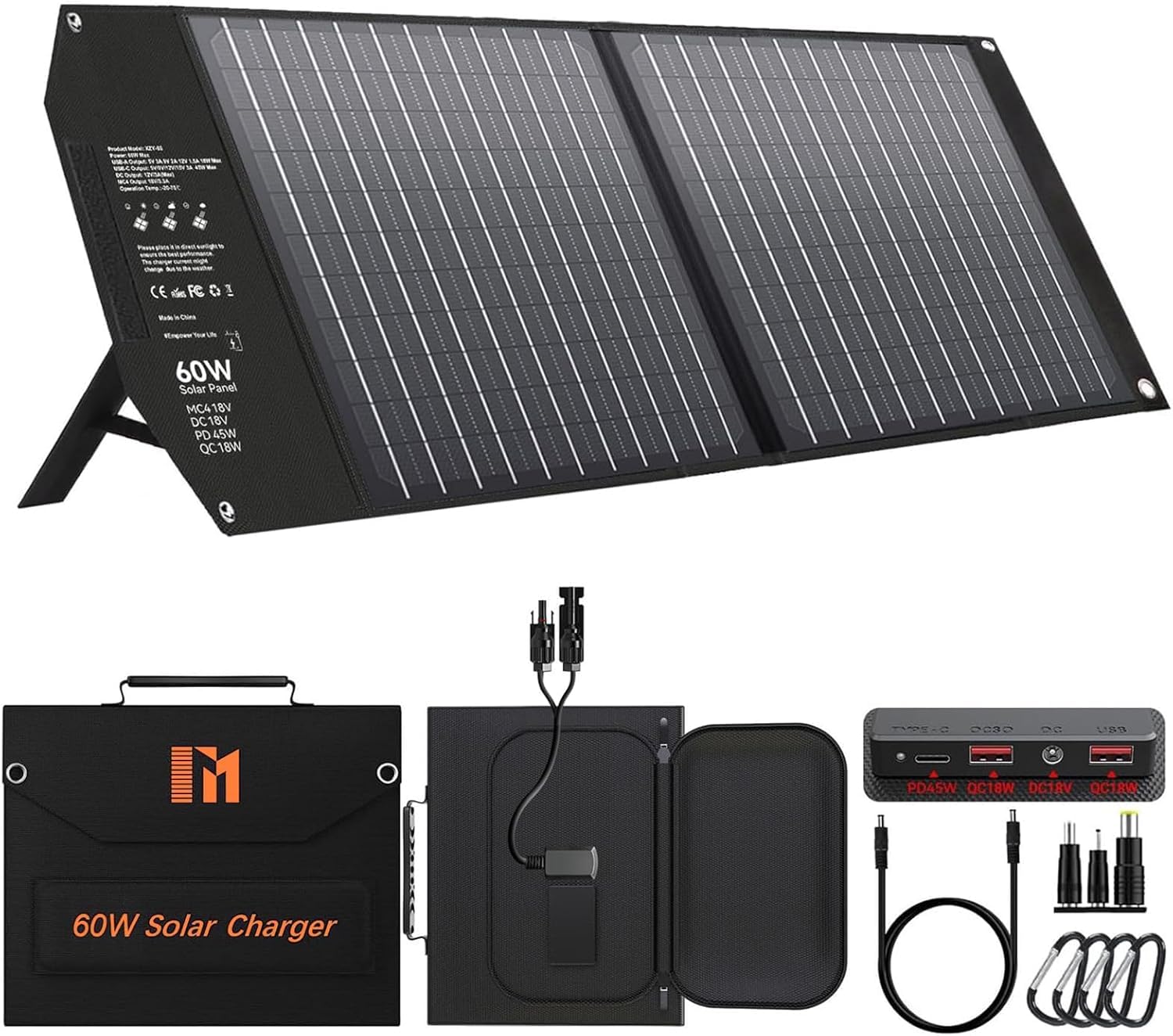 Panel Słoneczny 60 W, Składany, Z 5 Złączami, 18 V MC4 / 18 V DC/QC 3.0 USB-A i USB-C (PD 45 W), Ładowarka Solarna Ze Stojakiem, Przenośny