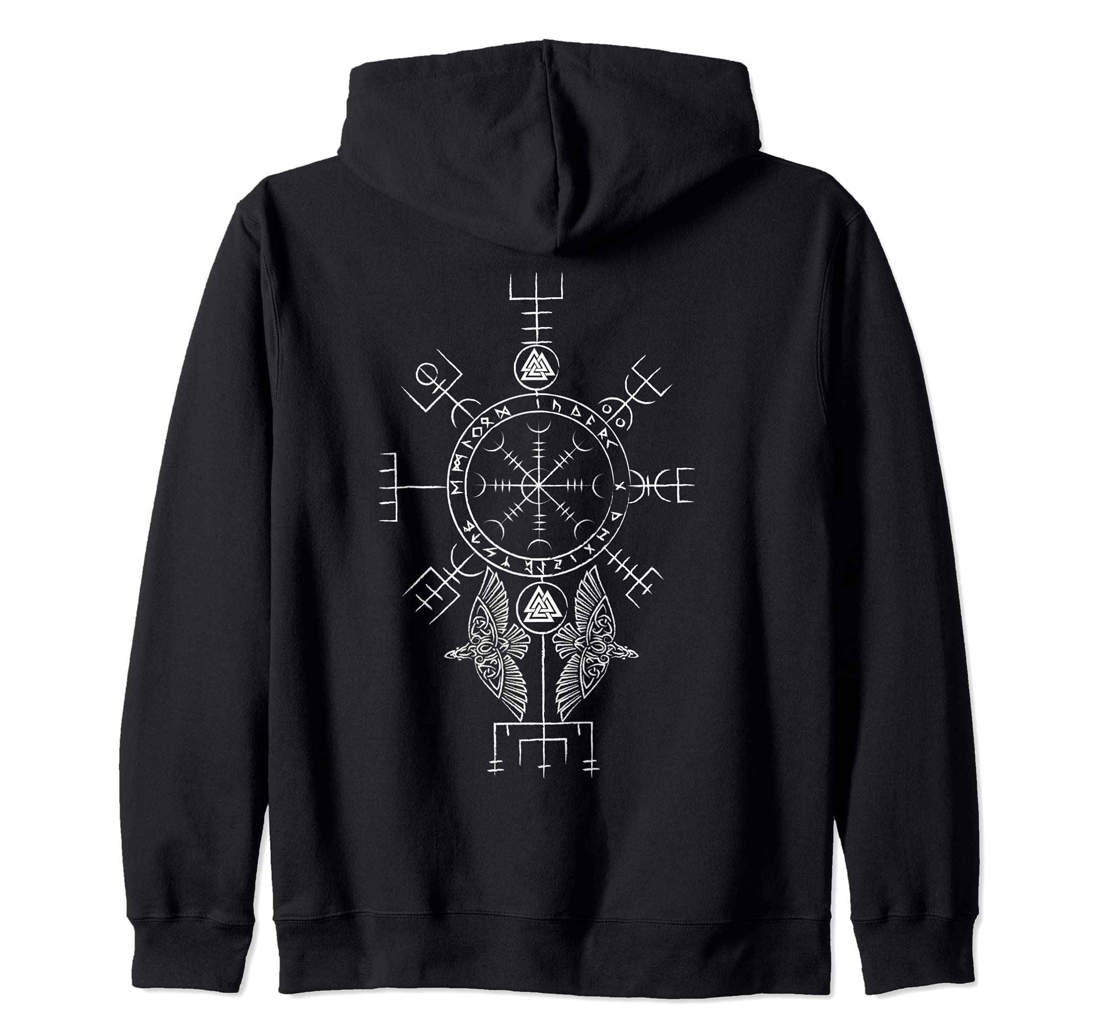 Retro Viking Runes & Norse Mythology Clothing Co.Viking Symbols Print On Back - Aegishjalmur Vegvisir Valknut Zip HoodieOEKO-TEX STANDARD 100