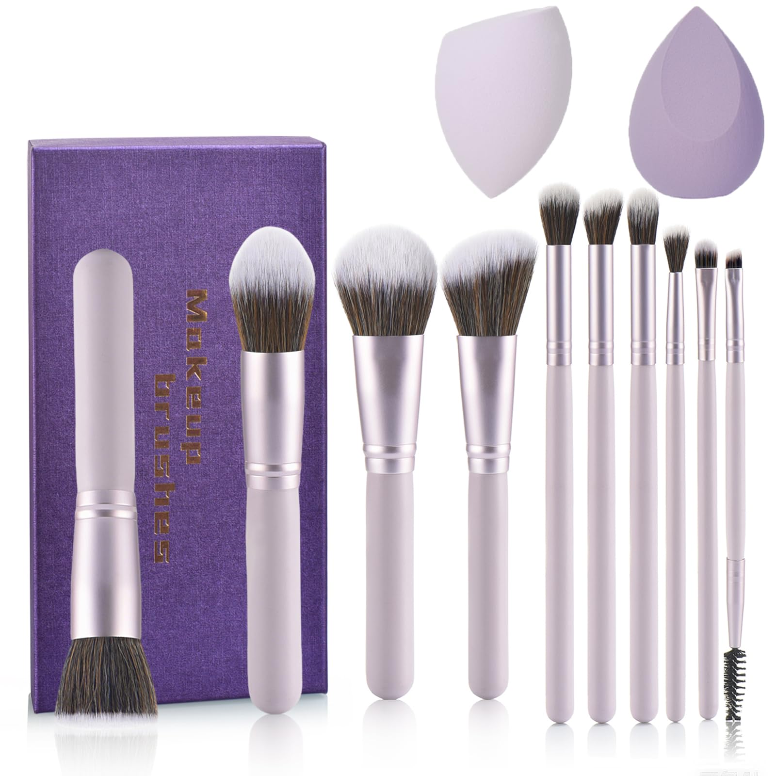 YJ-Anyue Gift Ready 10 Piece Purple Makeup Brushes Set and 2 Piece Makeup Sponge – Wooden Handle with Soft Synthetic Bristles, Concealer, Powder – (Ideal for Christmas, Birthday, Women)