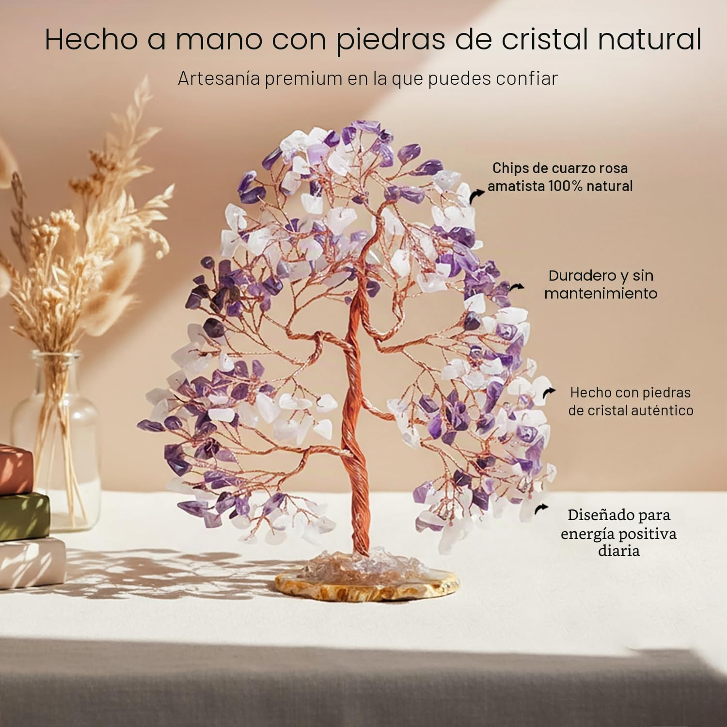 Crocon Árbol de Piedras Preciosas de Cuarzo Rosa y Amatista con Base de ágata geoda, árbol de la Vida de los Chakras Hecho a Mano, Piedra curativa para el Amor incondicional, sabiduría Espiritual