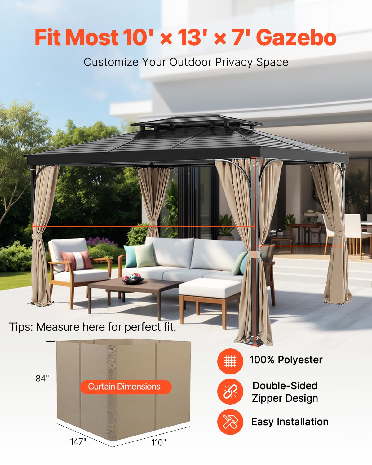 VEVOR Rideau d'Intimité pour Tonnelle Extérieur, 281x373x213 cm, Rideaux Pare-Soleil Universel Polyester Imperméable de Remplacement, avec Fermeture Éclair, pour Auvent Patio, Rideau Uniquement, Kaki