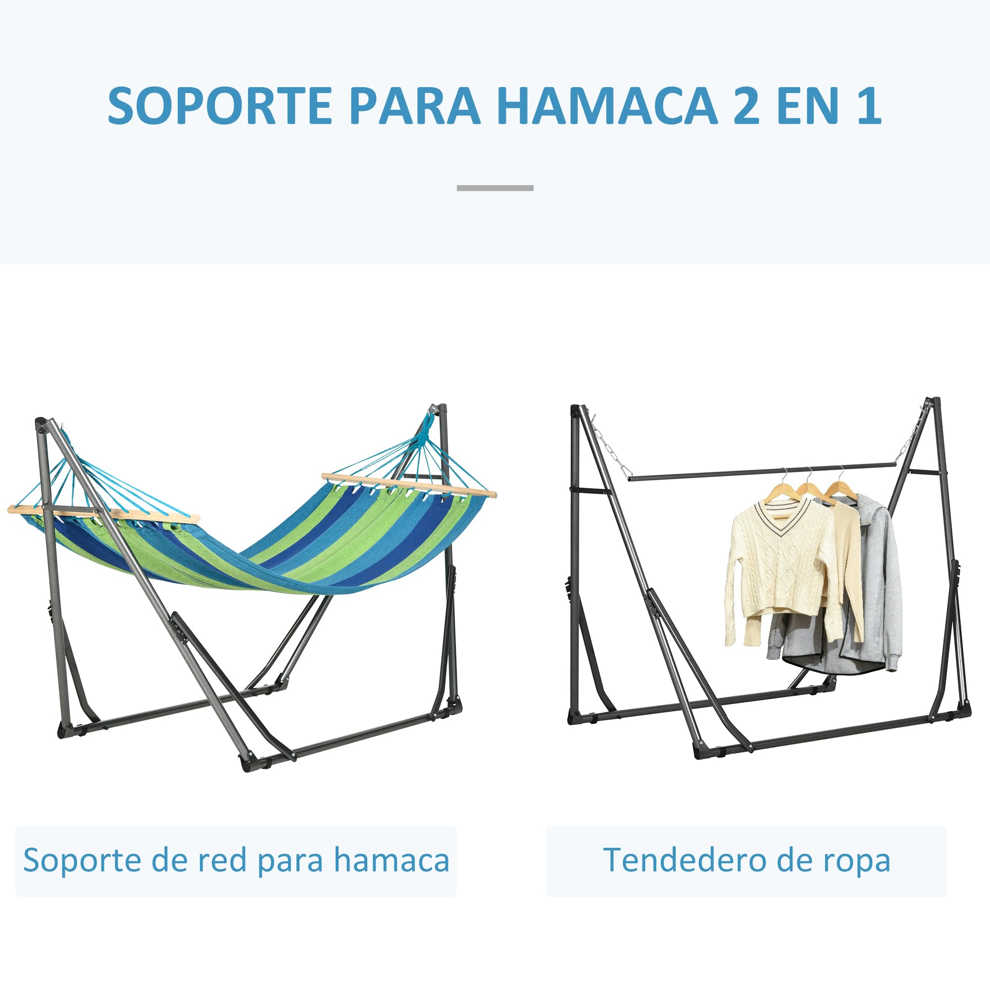 Outsunny Hamaca con Soporte Plegable 2 en 1, Tendedero con Barra, Estructura de Acero, Hamaca de Camping Portátil de Algodón, Carga 120 kg, para Jardín, Patio, Terraza, 270x100x94 cm, Azul y Verde