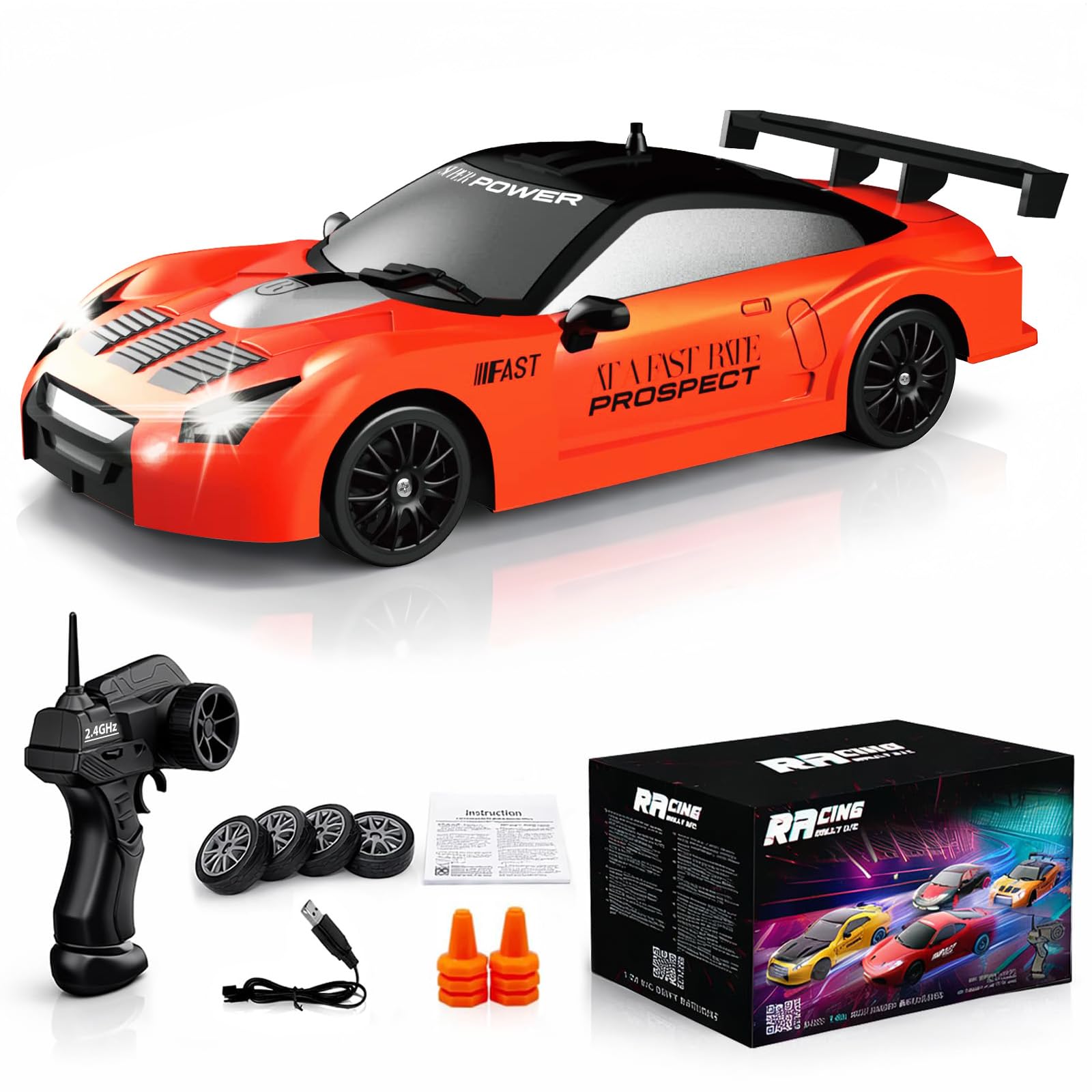 Remote Control Car RC Drift Car 2.4GHz 1:24 Scale 4WD 15KM/H High Speed Model Vehicle with LED Lights Drifting Tire Racing Sport Toy Car for Adults Boys Girls Kids Gift