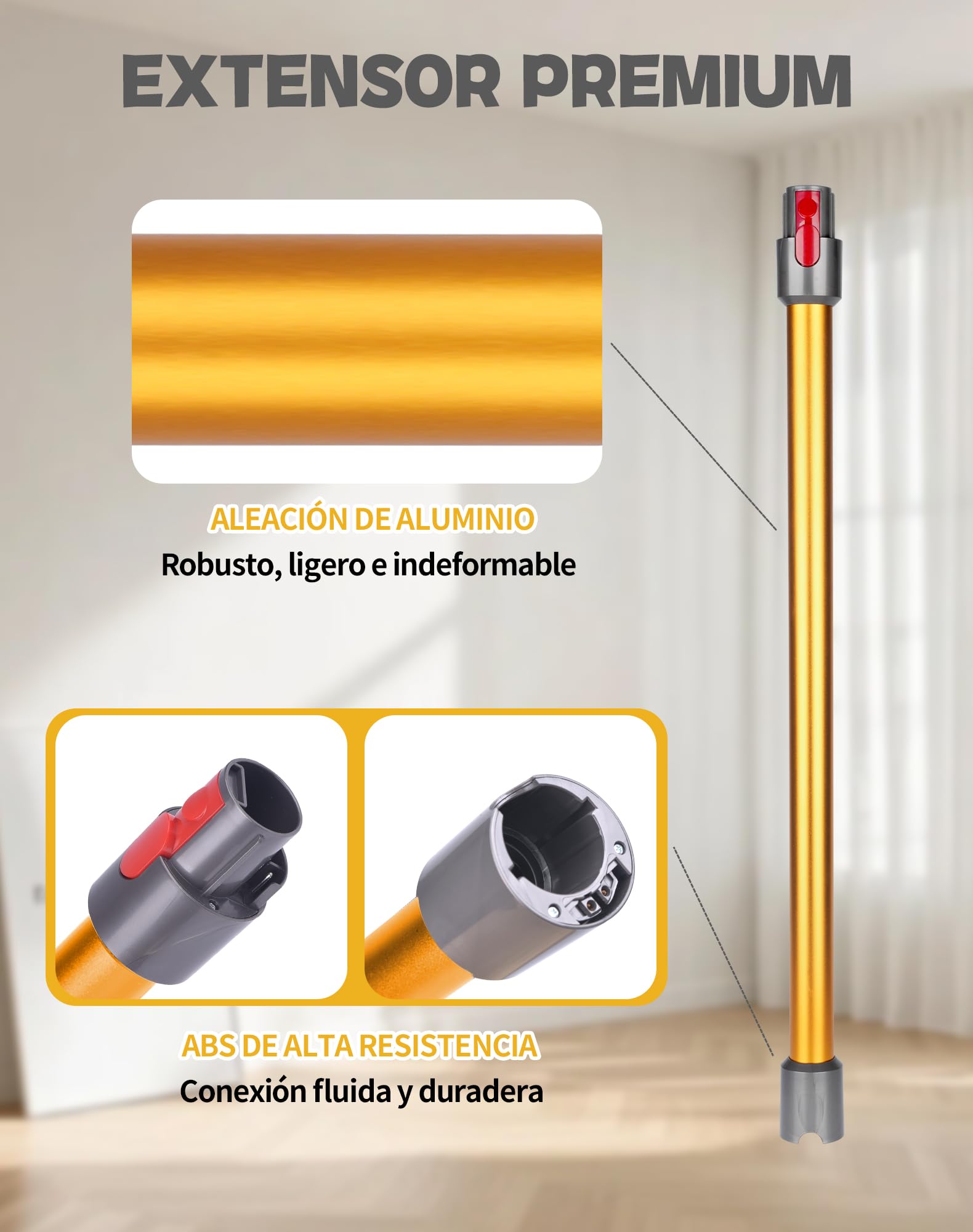 Tubo de Extensión de 72.5 cm para Aspiradora Dyson - Longitud Exacta para Mayor Alcance - Compatible con V7 V8 V10 V11 V15 - Conector de Liberación Rápida y Tubo Rígido - Amarillo