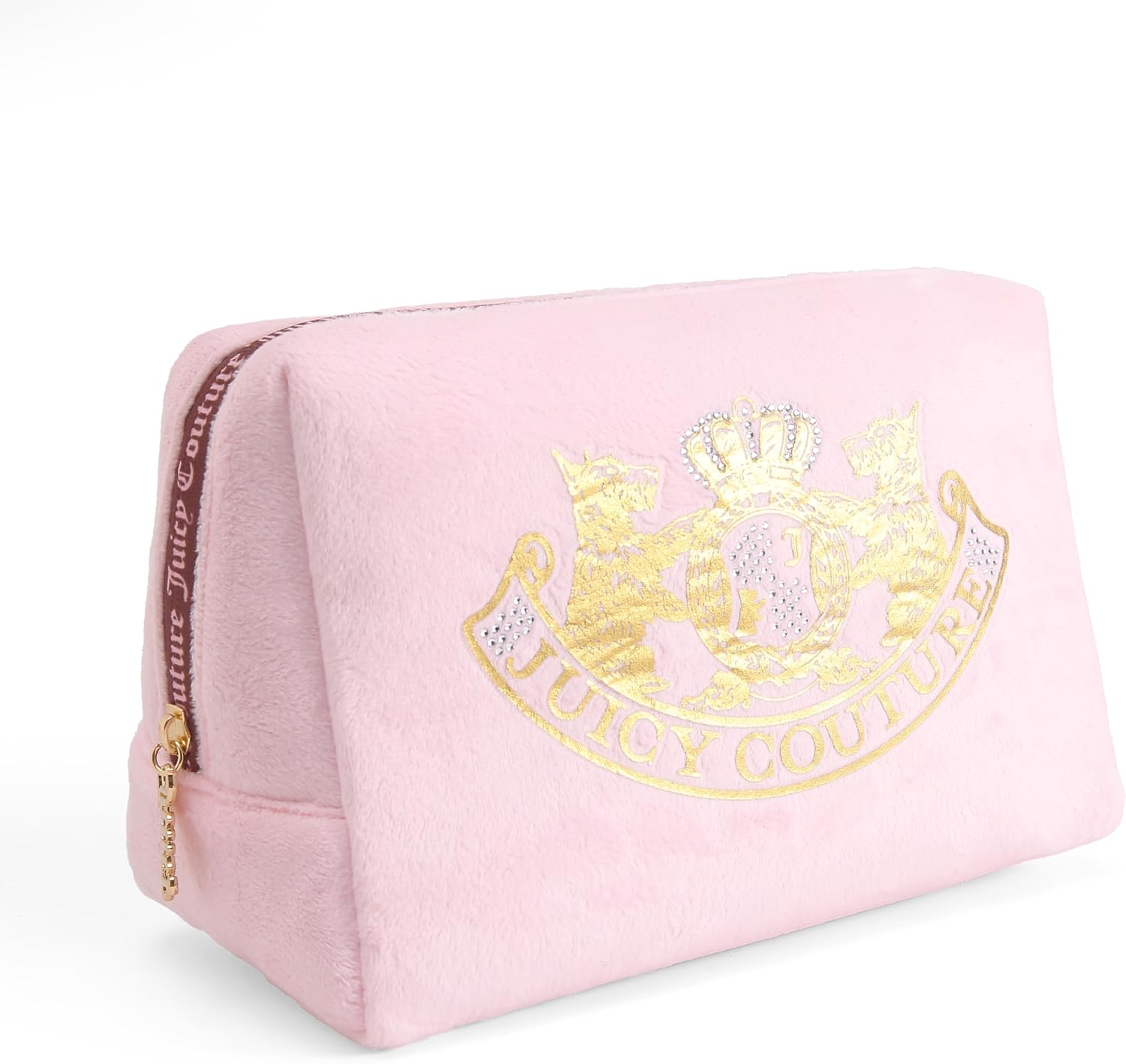 Juicy Couture Pink Makeup Bag Cosmetics Organizer Travel Essentials Zip Top Wedge Gold Terroir Dog Rhinestone Crown Velour