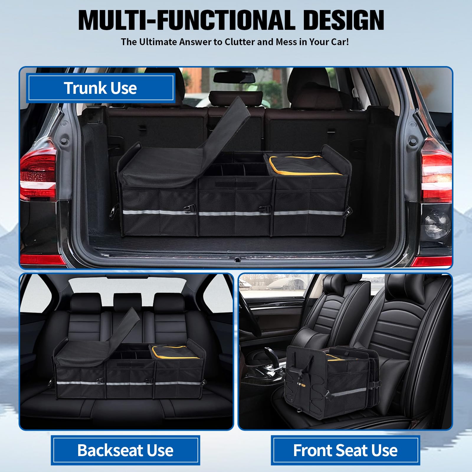 Grande organizer per bagagliaio da 105 l, con borsa termica integrata, a prova di perdite, pieghevole, con 3 scomparti principali, 9 tasche a rete e 2 tasche laterali per auto, SUV, camion