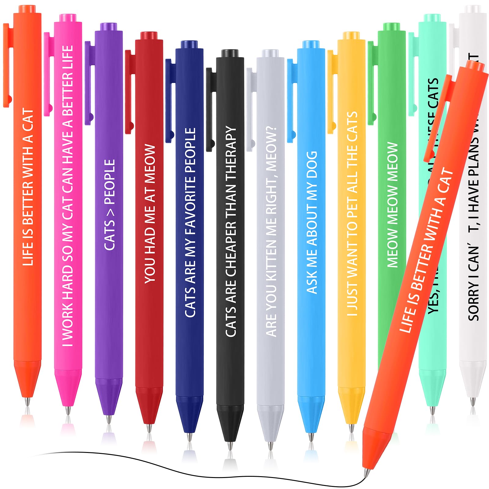 Sayglossy 12 Pcs Funny Cat Pens, Assorted Colored Cat Lovers Pens Set with Funny Phrase, Black Ballpoint Pens for Everyday, Cute Gifts for Cat Moms
