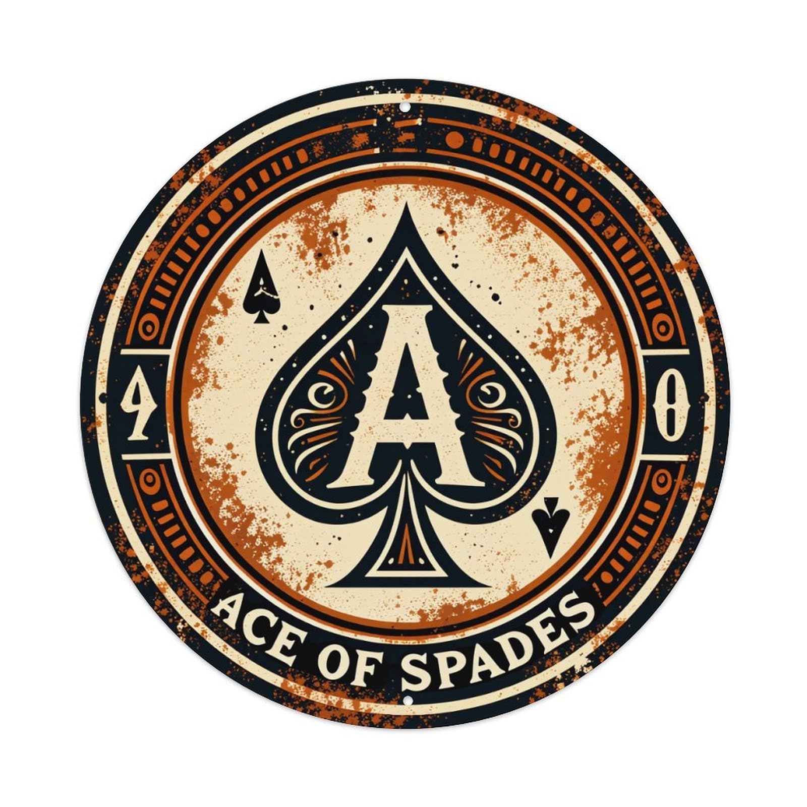 Ace Of Spades Emblem Design Round Tin Sign Vintage Metal Poster, Home Bar Garage Man Cave Cafe Indoor & Outdoor Wall Decoration 8x8Inches