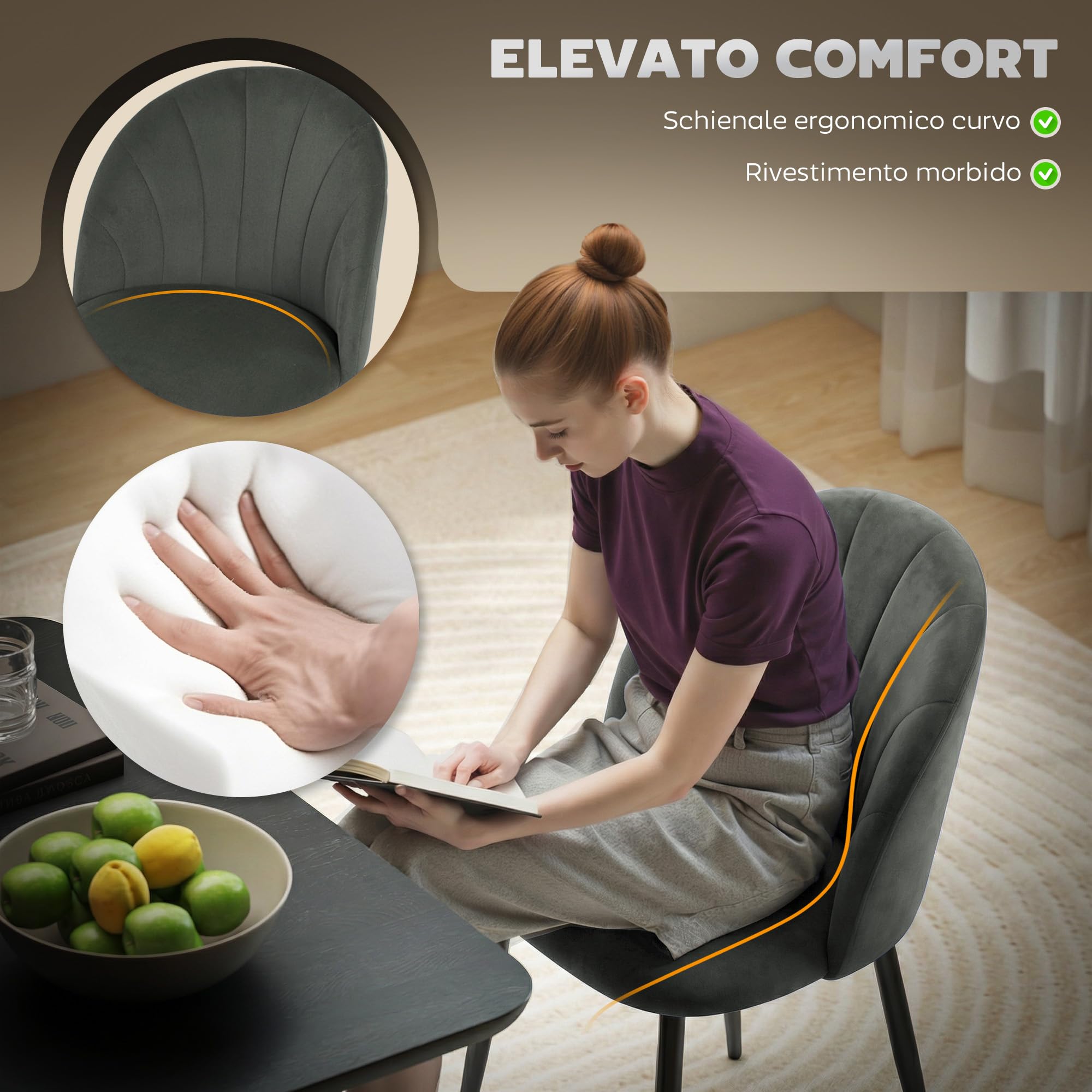 HOMCOM Set di 2 Sedie Sala da Pranzo in Velluto, Sedie Cucina con Schienale Curvo a Conchiglia, Gambe in Acciaio, Stile Nordico, Sedia Imbottita per Cucina, Camera da Letto, Soggiorno, Grigio