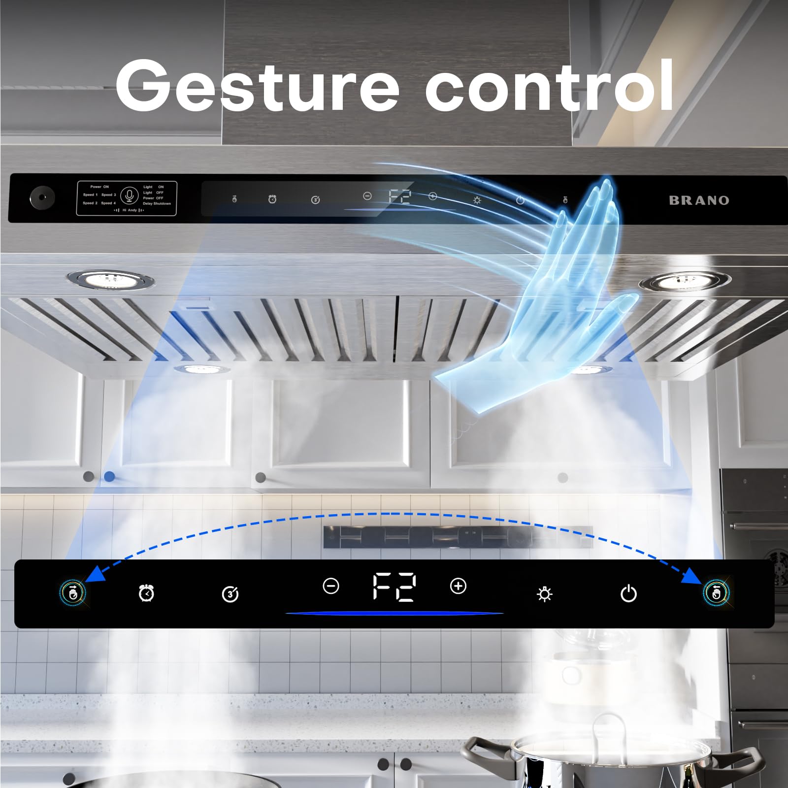 BRANO Island Range Hood 30 Inch with 900 CFM 4 Speeds，Voice/Gesture/Touch Control Kitchen Hood, Ducted/Ductless Convertible，Adjustable Lights Stainless Steel Vent Hood - 5