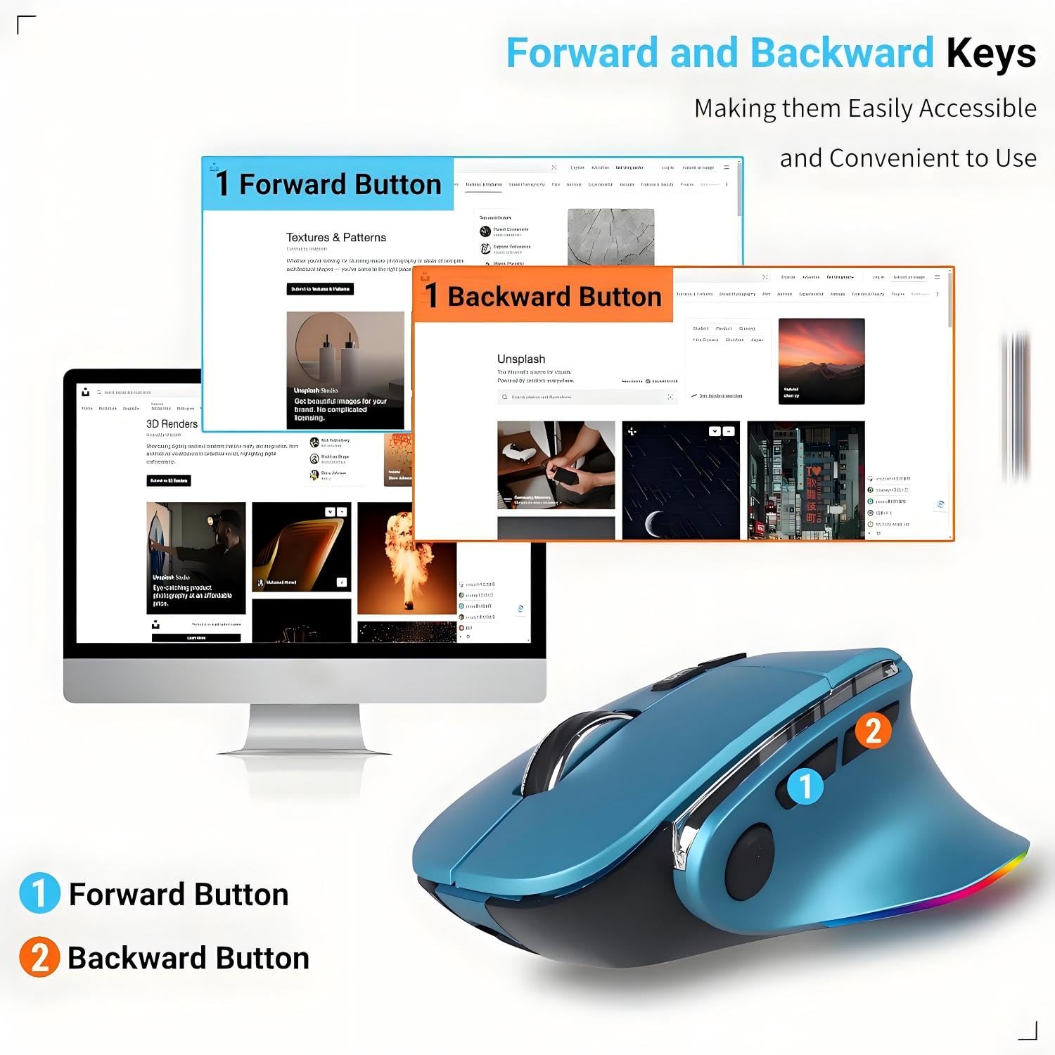 Mouse ergonomico, mouse verticale wireless Bluetooth, mouse ottico ricaricabile a LED, portatile (BT5.2 o USB 2,4 GHz), doppia modalità, 1000/1600/2400 DPI, 8 pulsanti per laptop, desktop, PC, Macbook