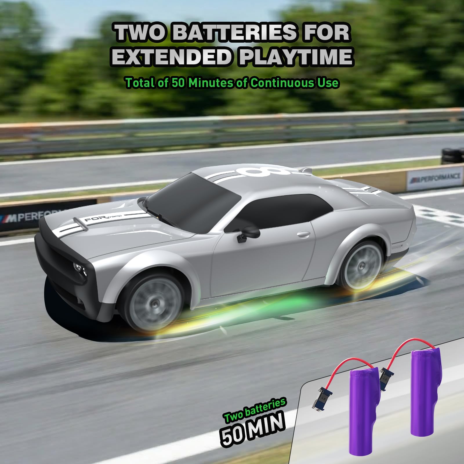 RC Drift Car 1:20 Macchina Telecomandata 2,4 GHz 4WD Auto Telecomandata 20 KM/H Auto da Corsa Telecomandata con fari da lavoro, 2 Batterie Ricaricabili,regalo per adulti e bambini (argenteo)