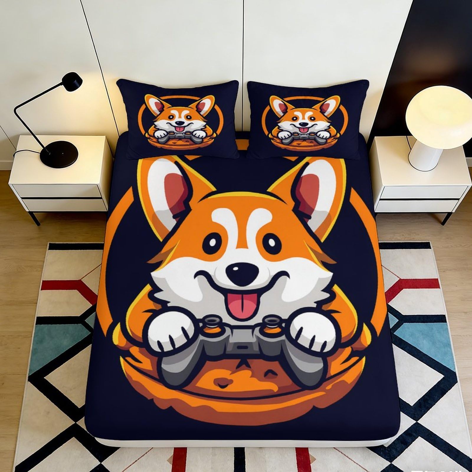 3D Printed Corgi Cartoon Fitted Sheet Microfiber Soft Breathable Gaming Dog Mattress Cover for Bedroom Dorm Use 114 180x200x25cm