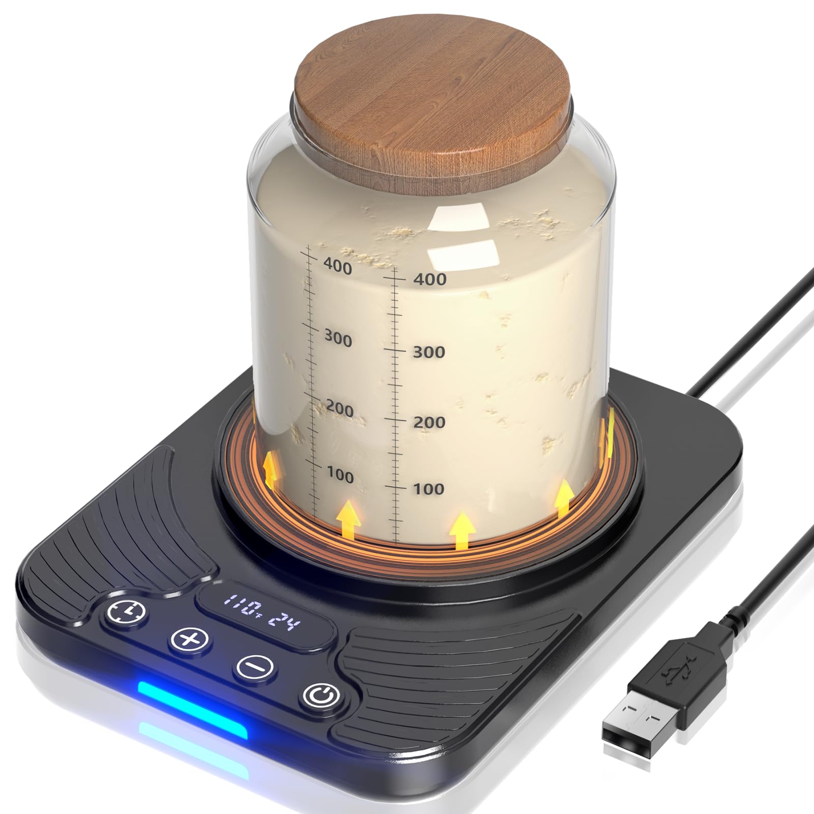 Calentador de fermentación de masa madre, control preciso del termostato a 1 °F (70 – 100 °F), calentador de masa madre con temporizador de 24 horas y USB, perfecto para hornear en casa y fermentación