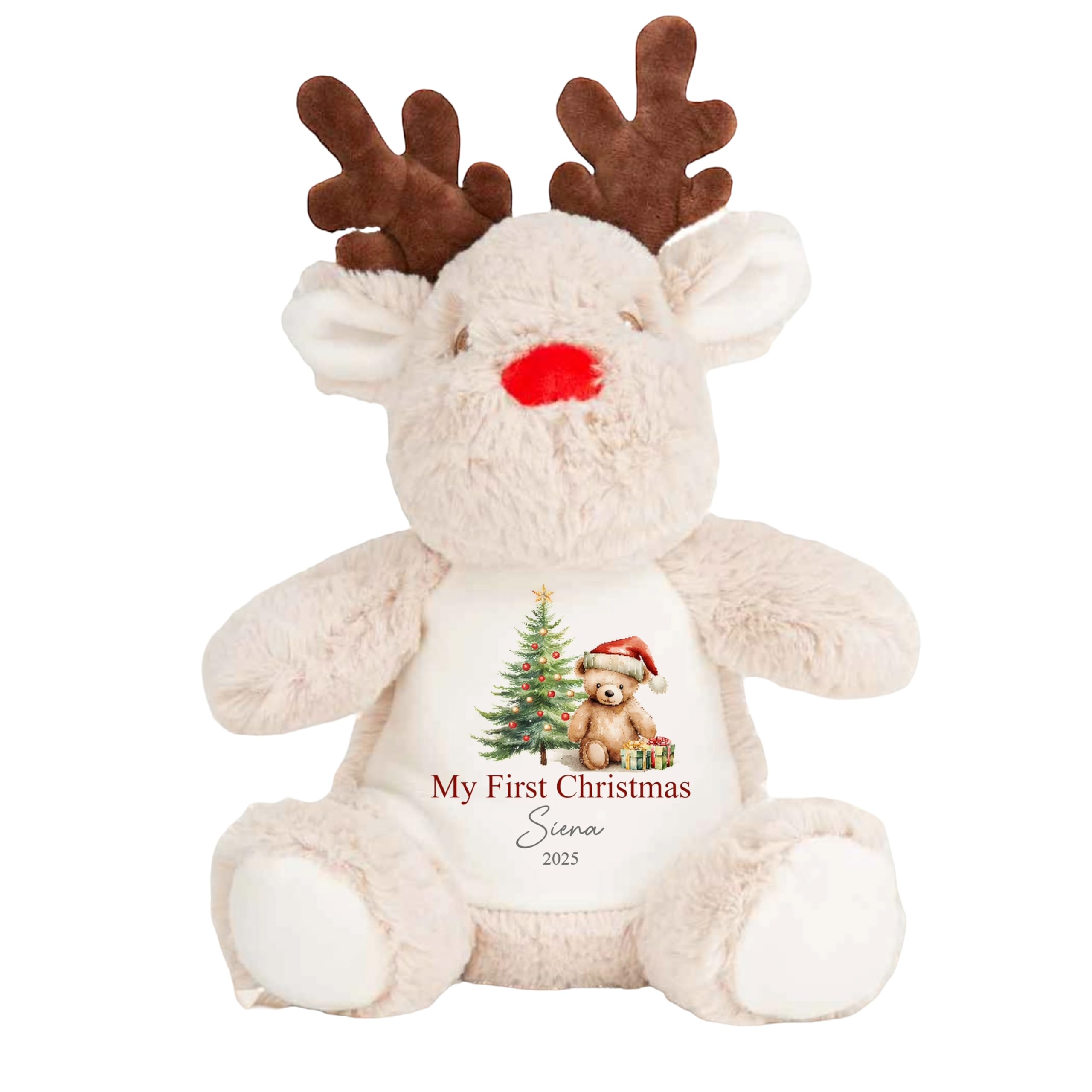 allaboutthebump My First Christmas Red Teddy Bear Personalised Plush Toy, 23cm Soft Reindeer Penguin or Bunny, Customisable Baby Keepsake with Festive Design Girls Boys Unisex (Reindeer)