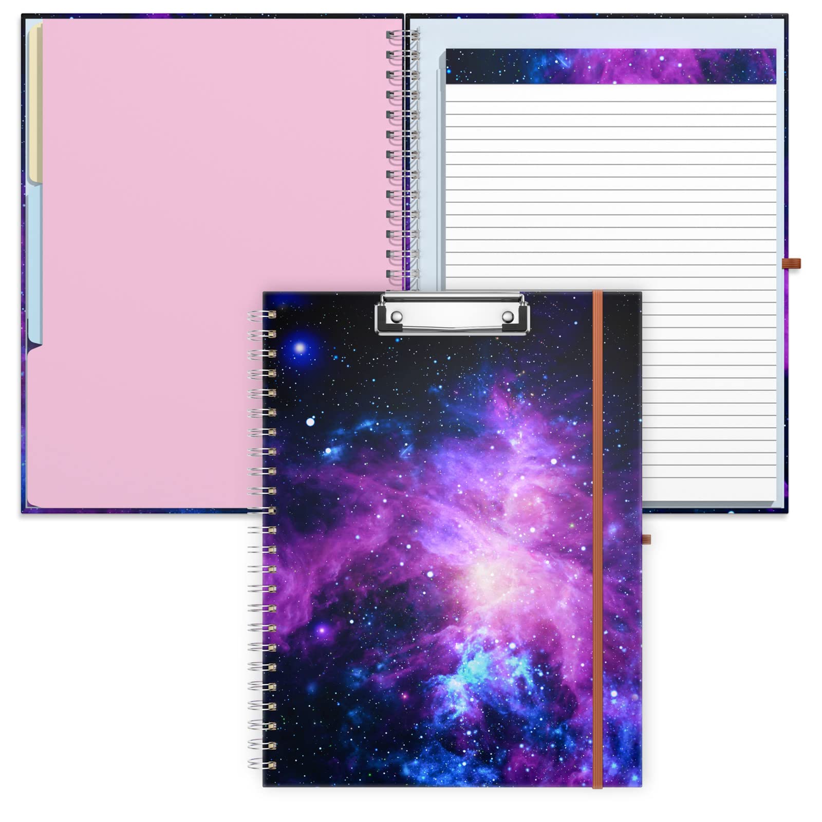 Rimilak Spiral-Klemmbrett, mit nachfüllbarem, liniertem Notizblock, 36,7 x 24,8 cm, Hardcover-Klemmbrett mit 5 Innentaschen, Gummiband und Stiftschlaufen-Serie Niedliches, stilvolles Clipfolio, Galaxy