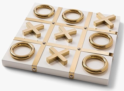 Tic Tac Toe moderno para decoración del hogar, dorado y blanco hecho a mano con madera blanca y acero inoxidable de color dorado, puntera decorativa