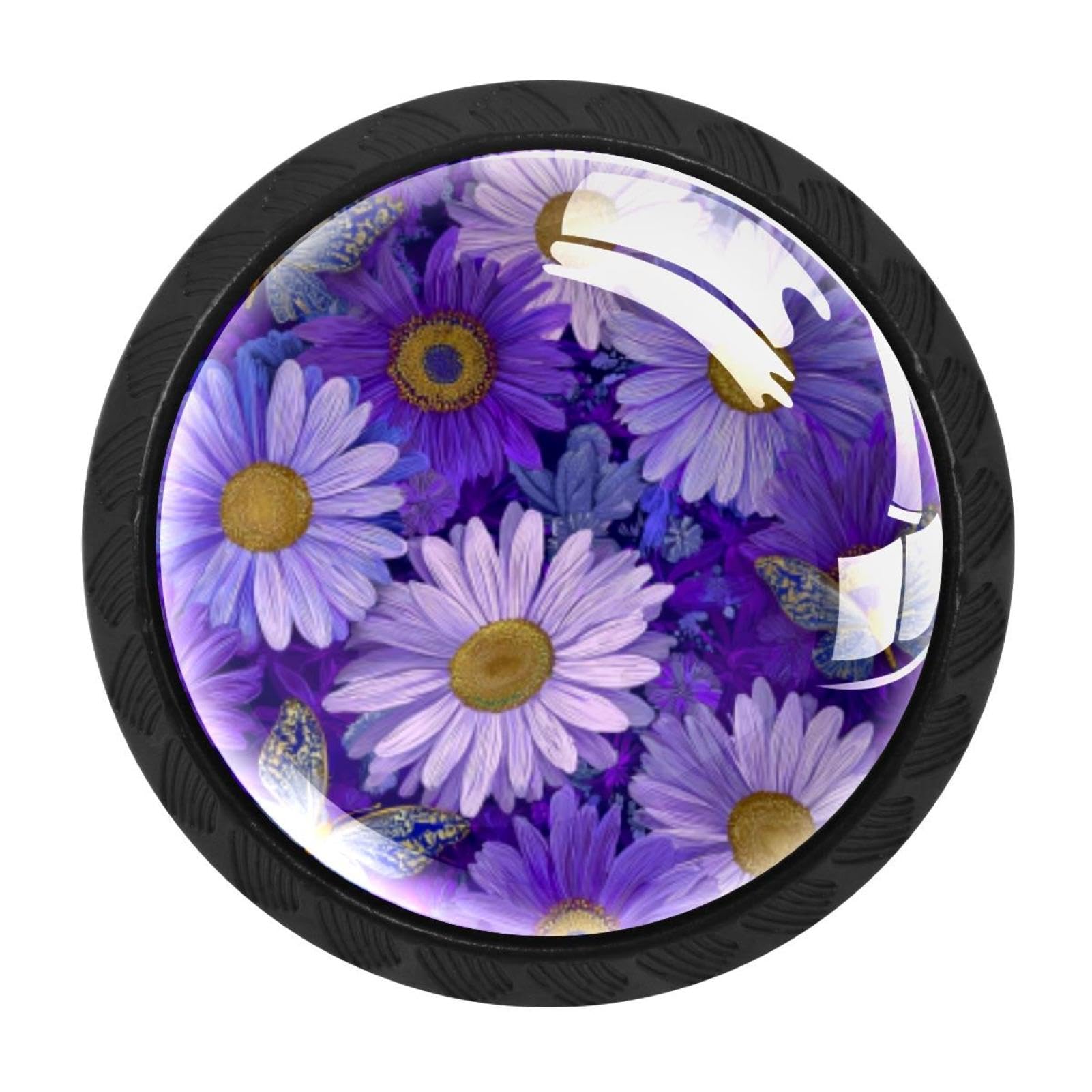 CHENZZZZ 4 Pieces Black Cabinet Pull Handle with Screws,Daisy Butterflies Purple Kitchen Knobs, Hardware for Cupboard Drawer Dresser