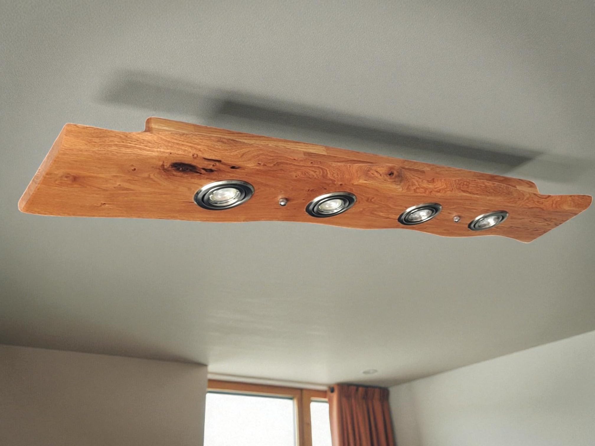 LOKI Deckenlampe Holz mit Baumkante rustikal Dunkel geölt Led Vintage Set Leuchte Wildeiche Massiv GU10 Dimmbar ohne Dimmer Austauschbar (150 cm/ 5 Spots)