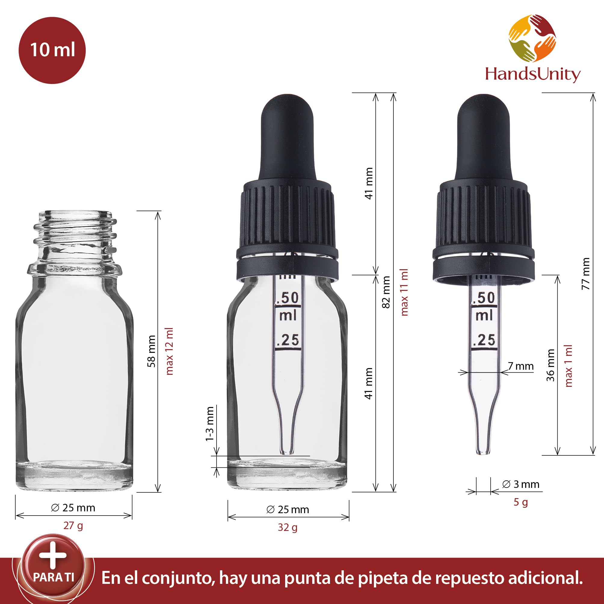 Frasco de Vidrio para Pipetas 10ml - Juego de 12 Piezas con Tapa Negra y Accesorios