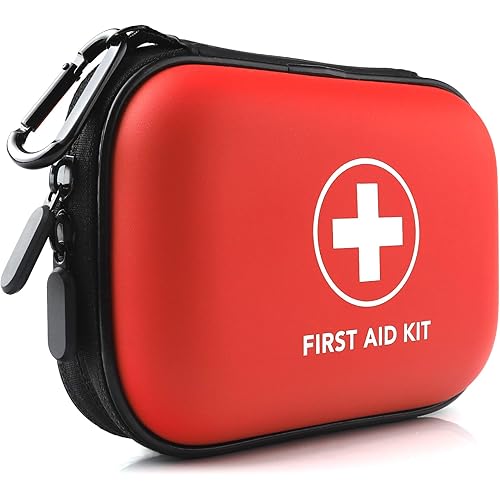 Mini First Aid Kit, 100 Pieces Water-Resistant Hard Shell Small Case - Perfect for Travel, Outdoor, Home, Office, Camping, Hiking, Car (Red)