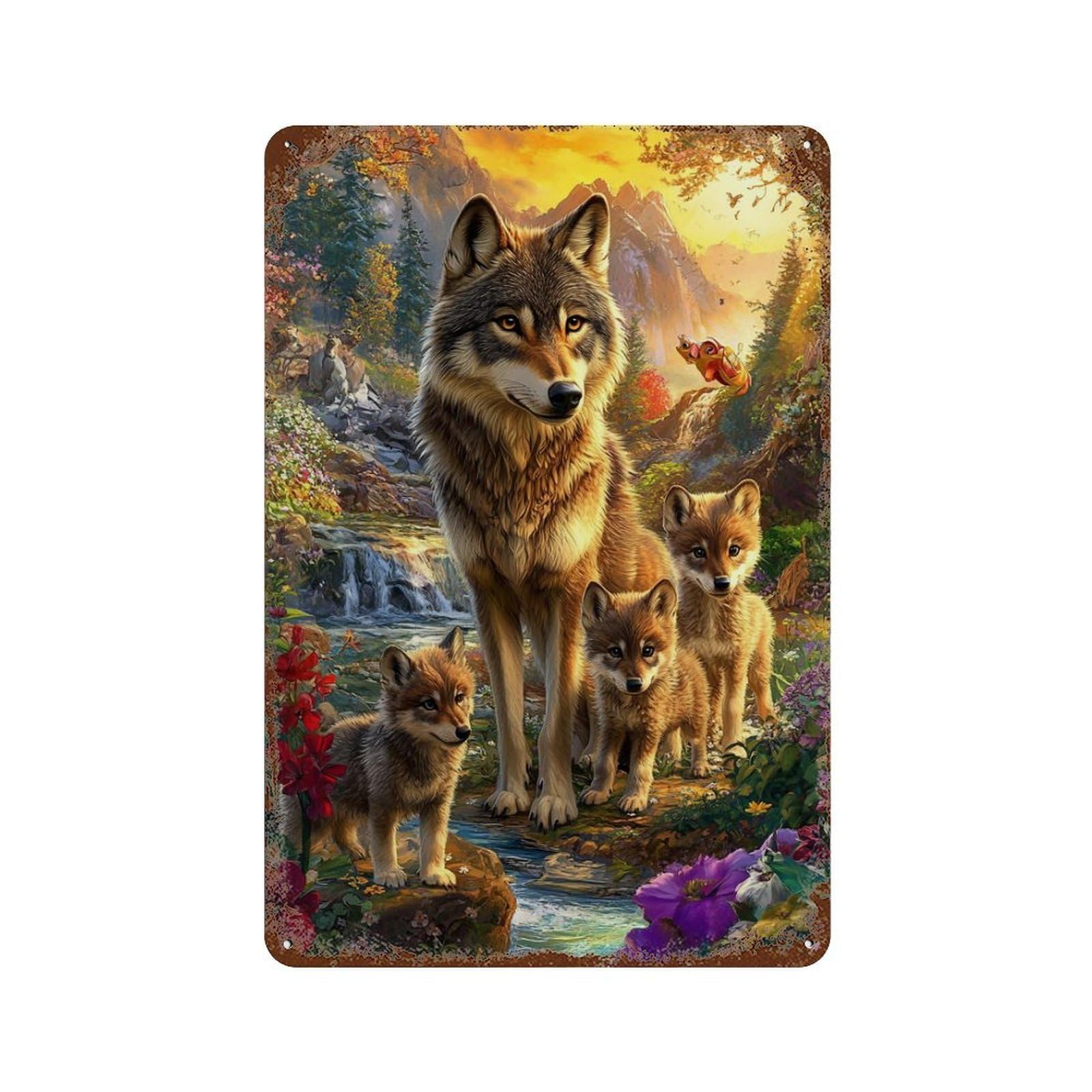 Vintage Rust Metal Sign with Wolf Family in Forest Design 11.8"x7.9", for Shed, Workshop And Garage Wall Decor, Retro Wall Decor