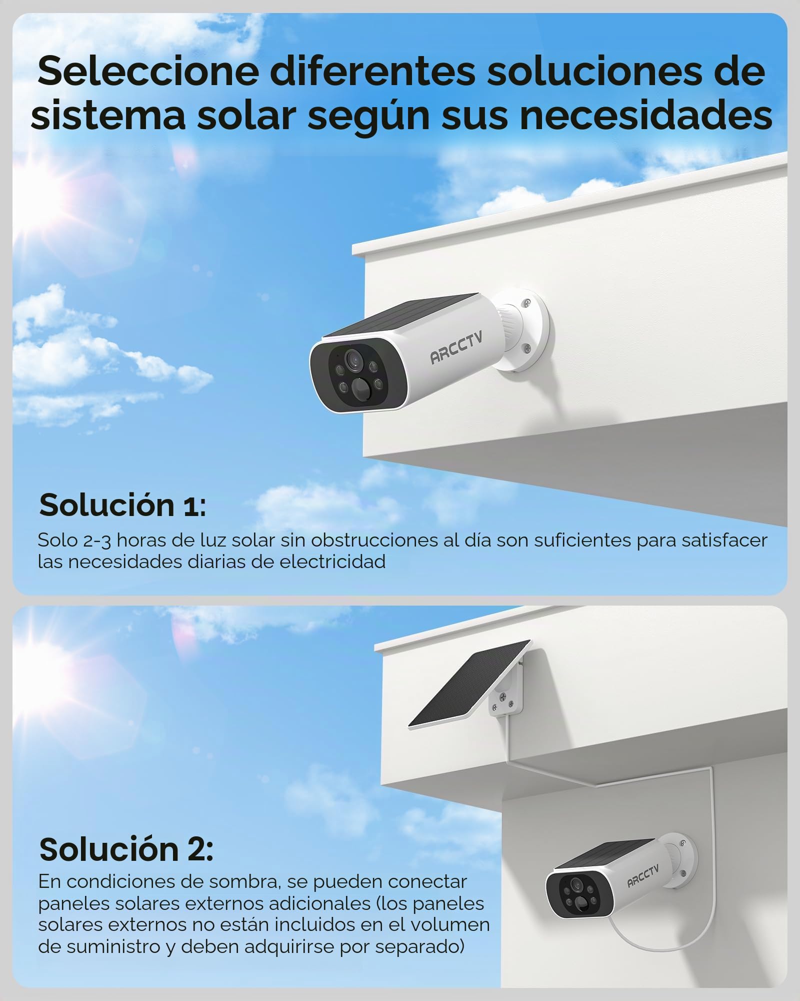 ARCCTV Cámara de Vigilancia 4MP con Energía Solar, Panel Solar Integrado | Wi-Fi de 2,4 GHz/5 GHz, Inalámbrica para Exteriores, Resistente al Agua, Apta para Kits de Cámaras ARCCTV