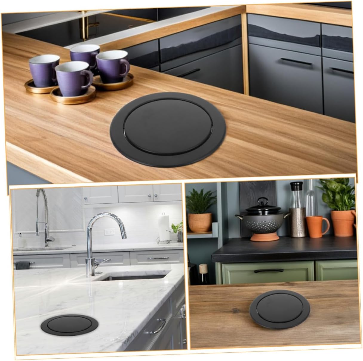Recessed Trash Can Lid with Swing Flap, Stainless Steel Countertop Waste Lid for Kitchen and Bathroom, round Recessed Bin Cover Compatible with 21-24cm Opening, 2pcs Set