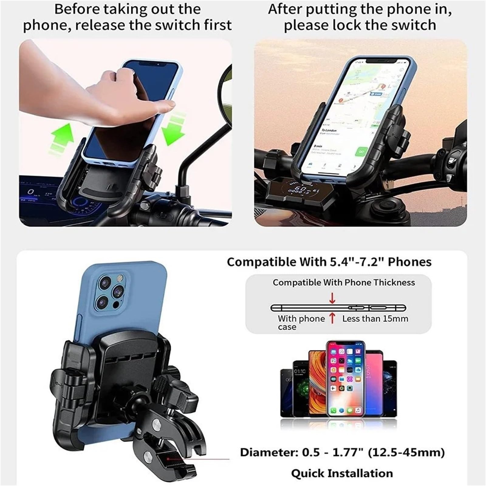 Soporte Movil Coche Supporto per telefono per moto Blocco e rilascio Supporto per staffa per manubrio per bicicletta per moto per supporto per retrovisore da 5,4-7,2 pollici Accesorios Coche(Rear-view