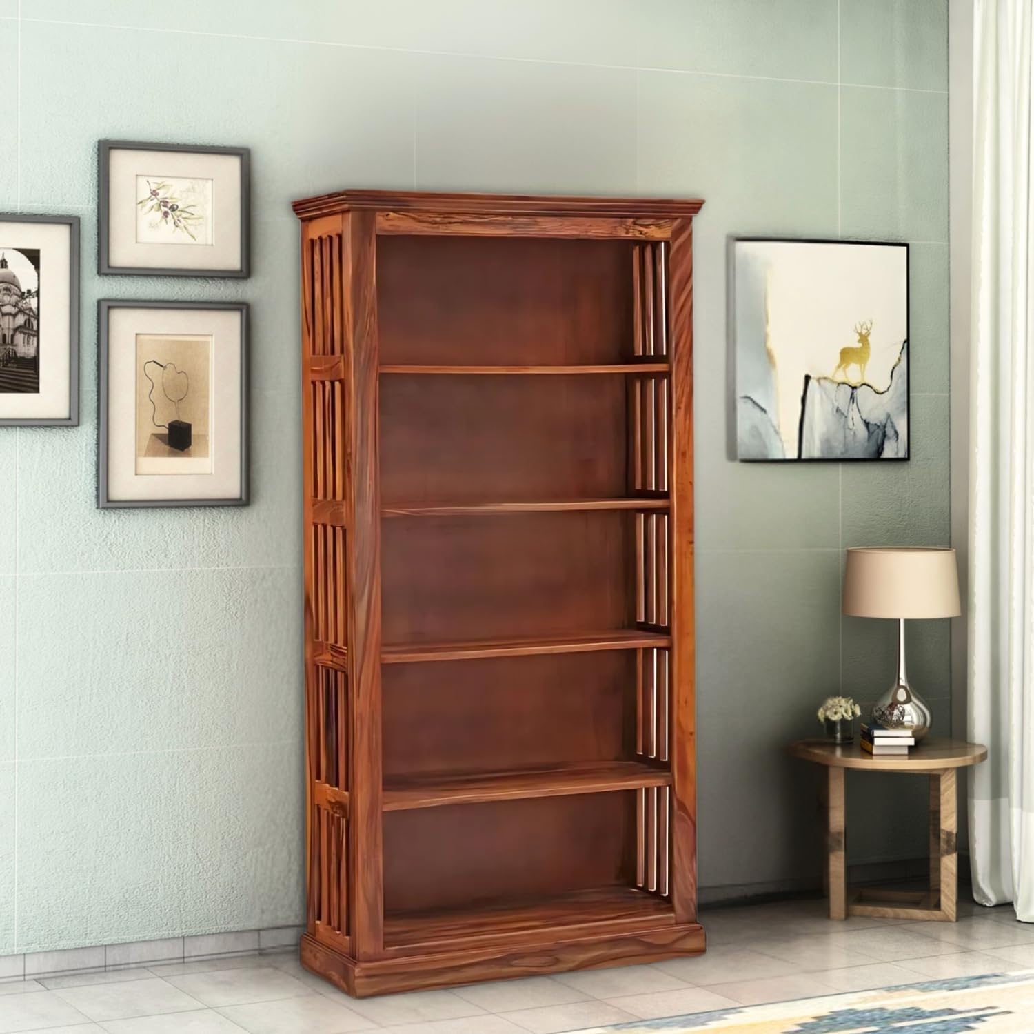 Solid Sheesham Wood Bookshelf with 5 Open Shelves | Premium Rosewood Bookcase for Living Room, Study & Office | Floor Standing Wooden Storage Rack | Honey Finish (168 x 80 x 35 cm)-image-24
