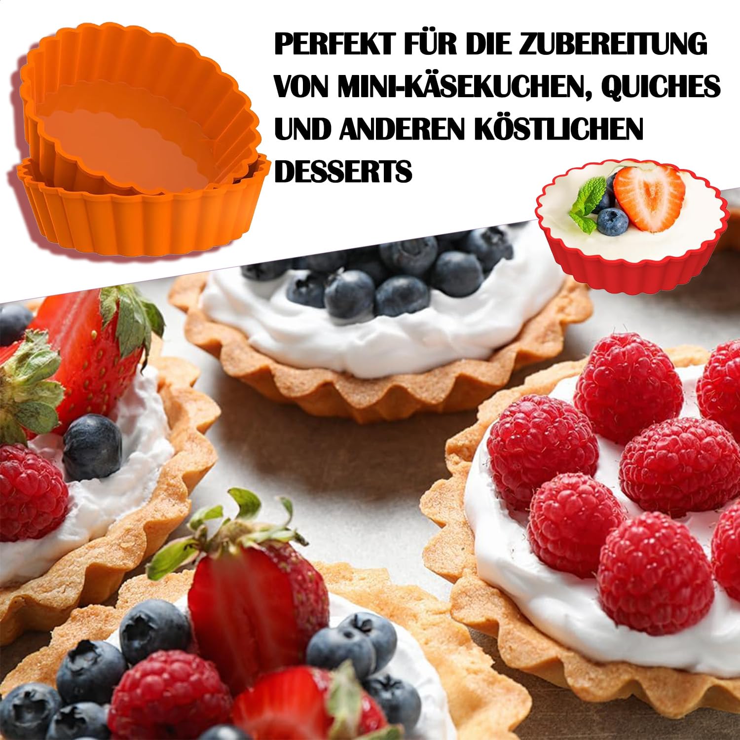 8 sztuk silikonowych foremek do tarty, 10 cm, nieprzywierające, do quiche, wielokrotnego użytku, małe do produkcji babeczek, muffinek, chleba