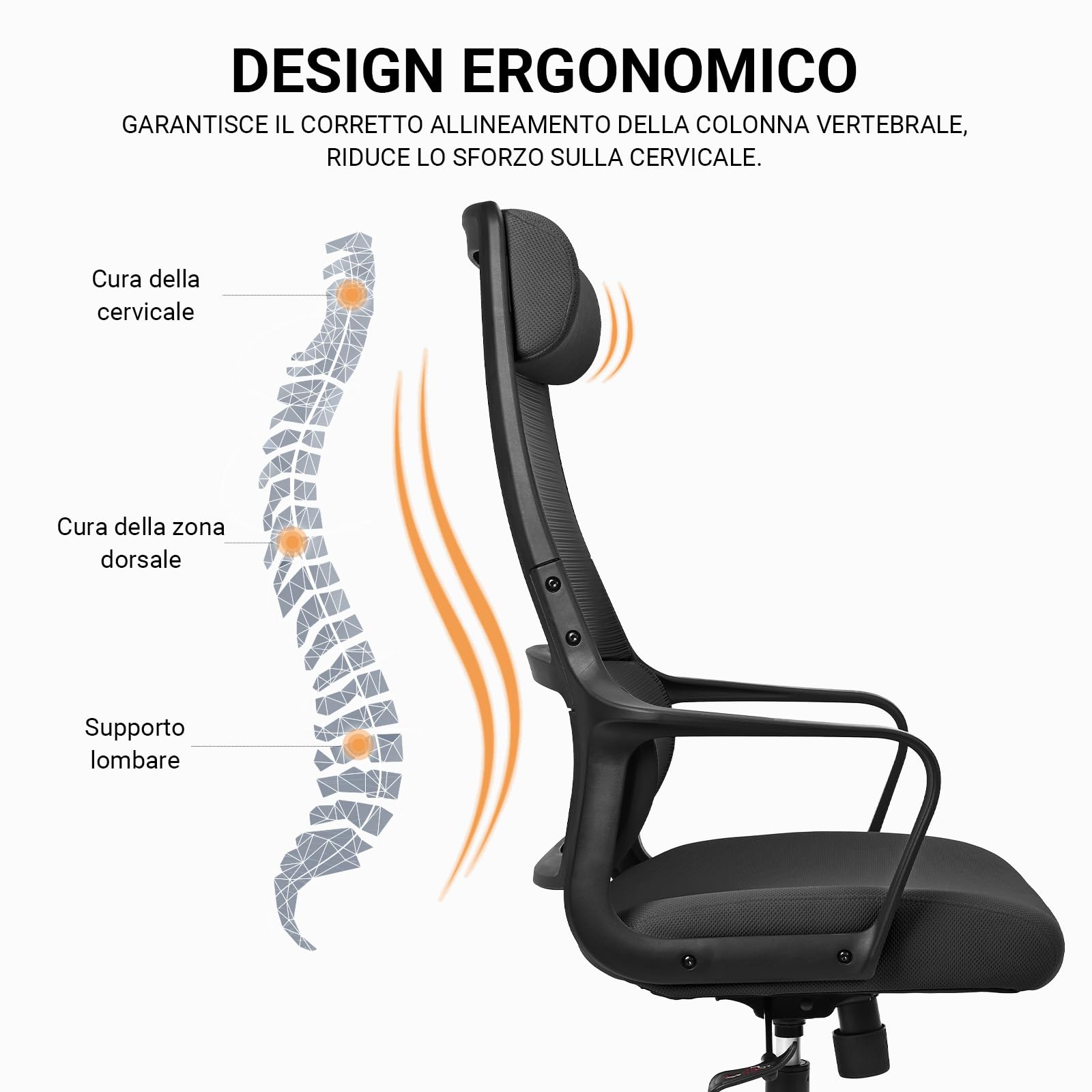 MELOKEA F008 Sedia da Ufficio Ergonomica Direzionale Schienale Alto in Rete Ultra Traspirante. Supporto Lombare Ortopedico a S Certificato EN 1335 e Poggiatesta 6cm Regolabile. Carico 150kg Nero