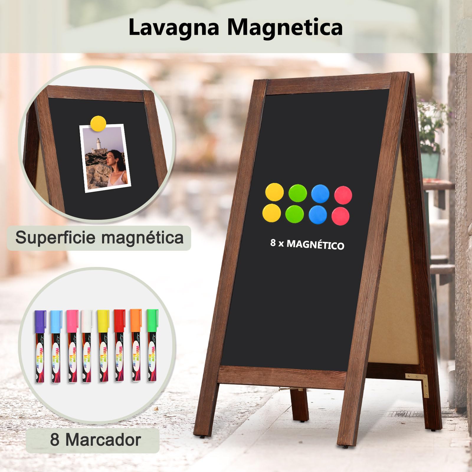 DOLLAR BOSS Pizarra de tiza magnética 48x100cm pizarra caballete doble cara | pizarra de pie para el borde de la carretera al aire libre, para cafeterías, tiendas y bodas, marco de madera de pino
