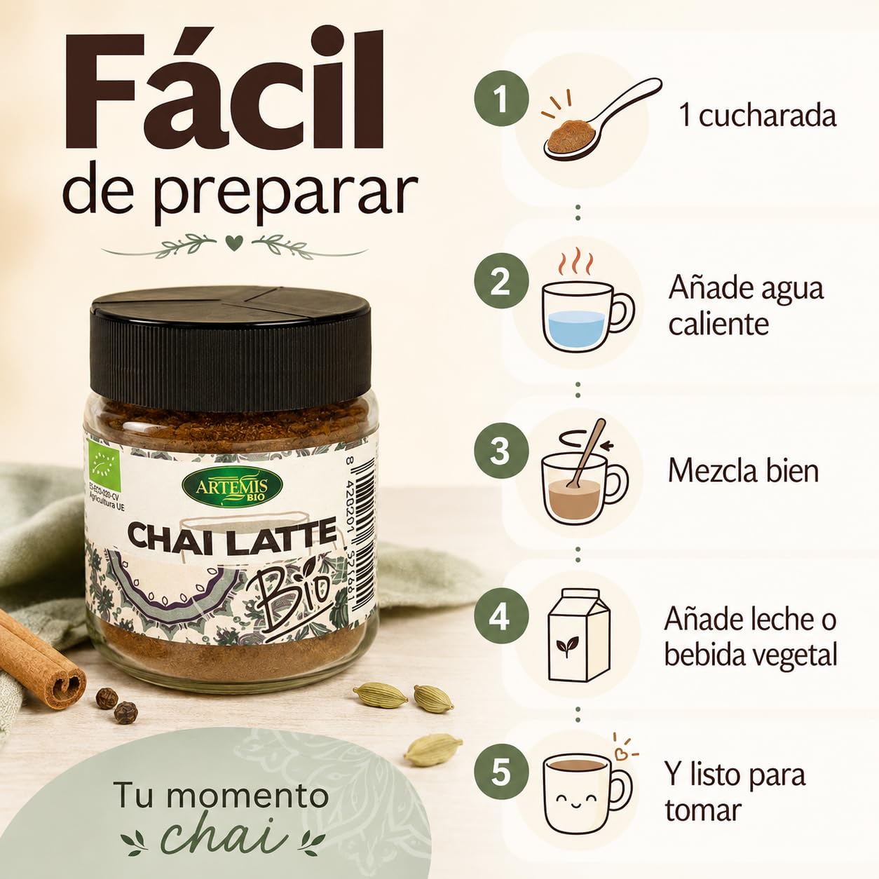 Chai Latte Bio Artemis 60 g té en polvo con especias ecológicas mezcla para leche o bebida vegetal