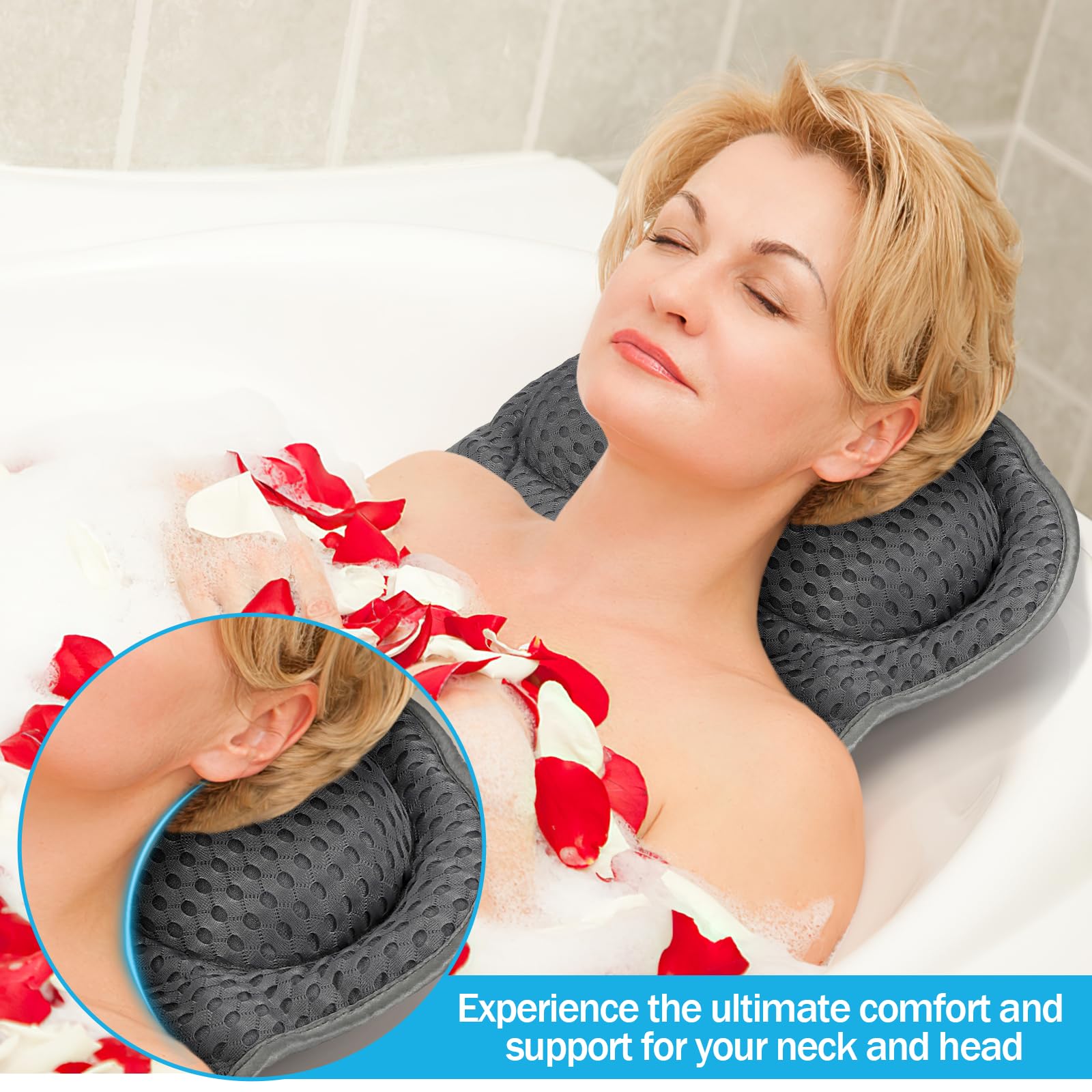 Almohada Bañera, Malla 4D Almohada de Baño, Almohada para Bañera con 6 Ventosas Antideslizantes, Reposacabezas Ergonómico, Puede soportar la Cabeza, el Cuello, la Espalda, para Bañera de Hidromasaje
