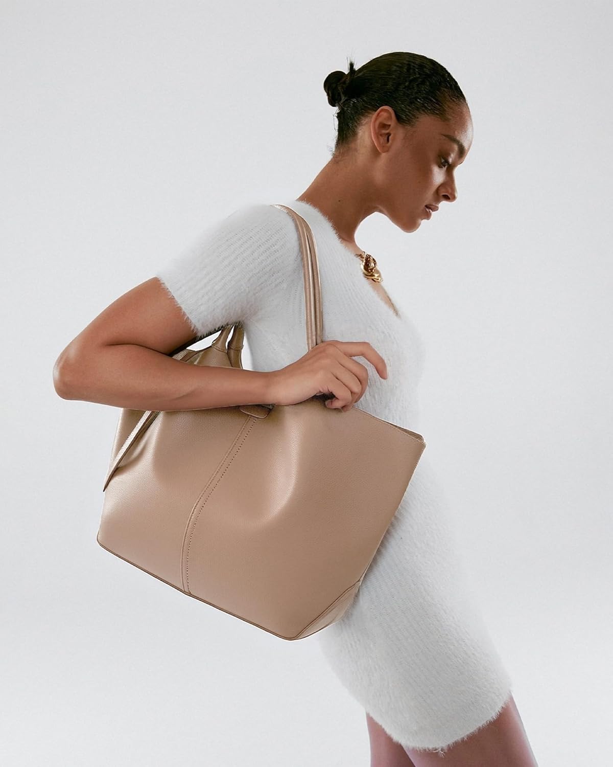 NEWBELLA Women's Vegan Leather Tote Bag, Large Capacity Bag, Vintage Hobo Shoulder Purse with Top Handle for Daily & Work (Apricot Tote) - Image 7